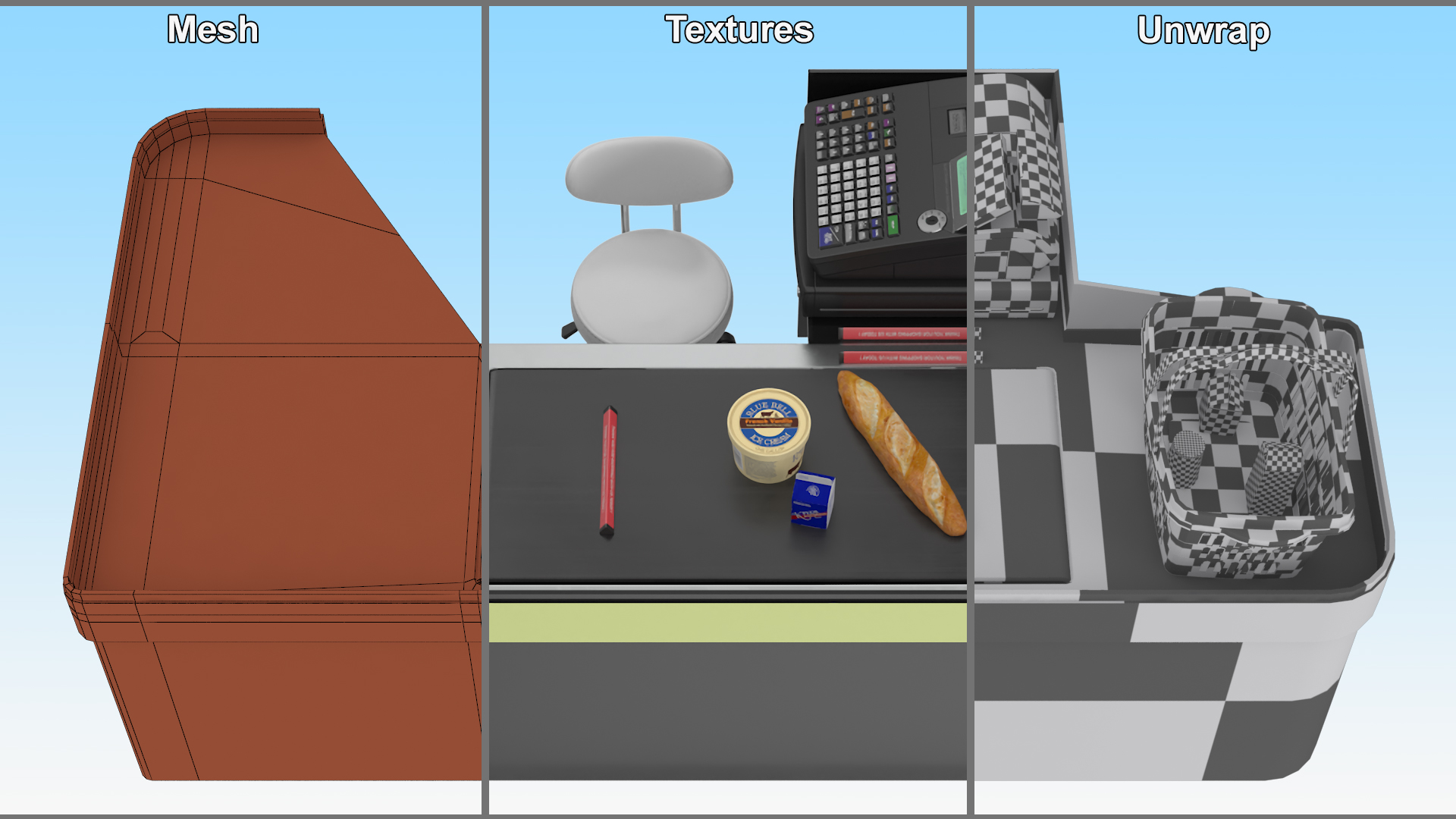 3D Retail Checkout with Groceries and Divider Bar