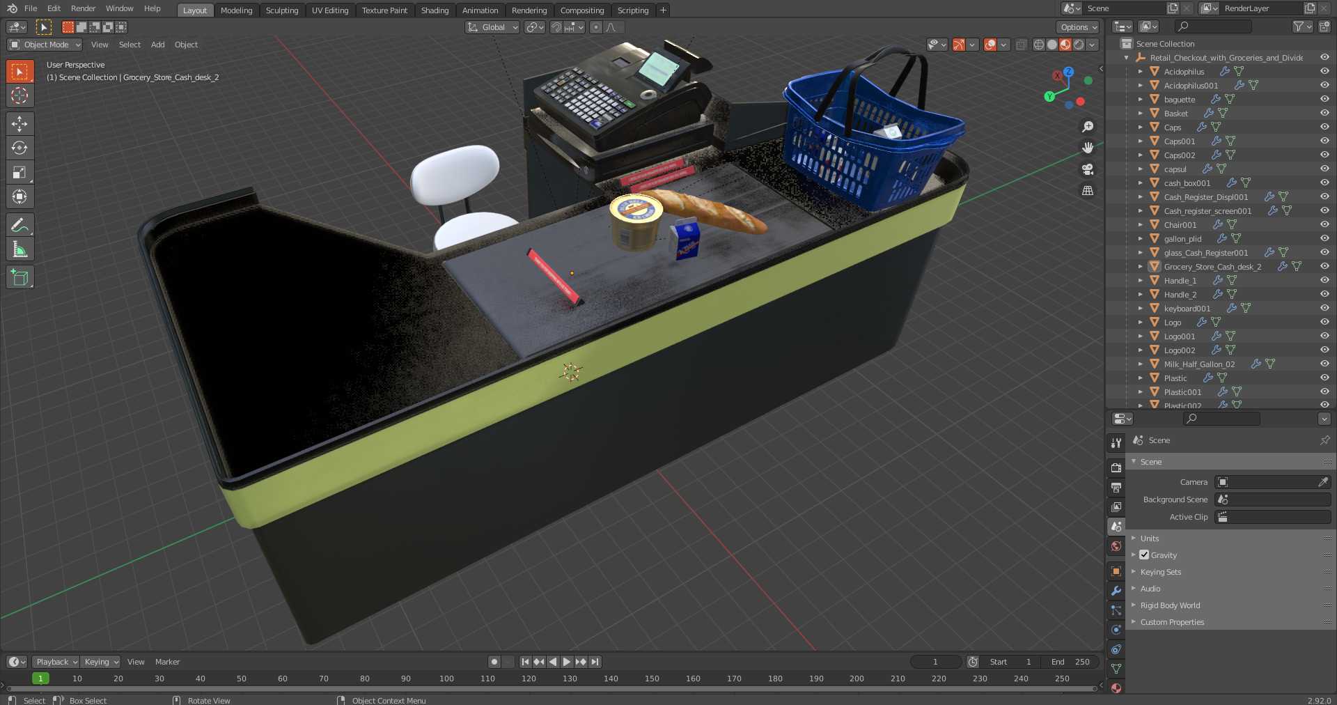 3D Retail Checkout with Groceries and Divider Bar