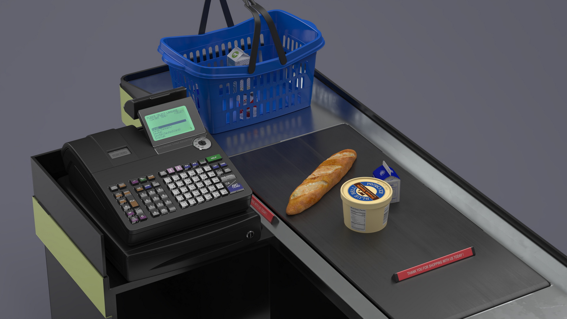 3D Retail Checkout with Groceries and Divider Bar