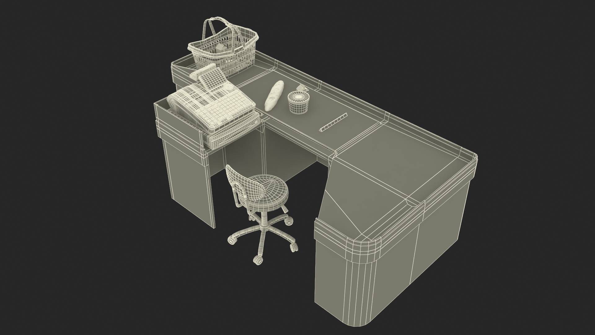 3D Retail Checkout with Groceries and Divider Bar