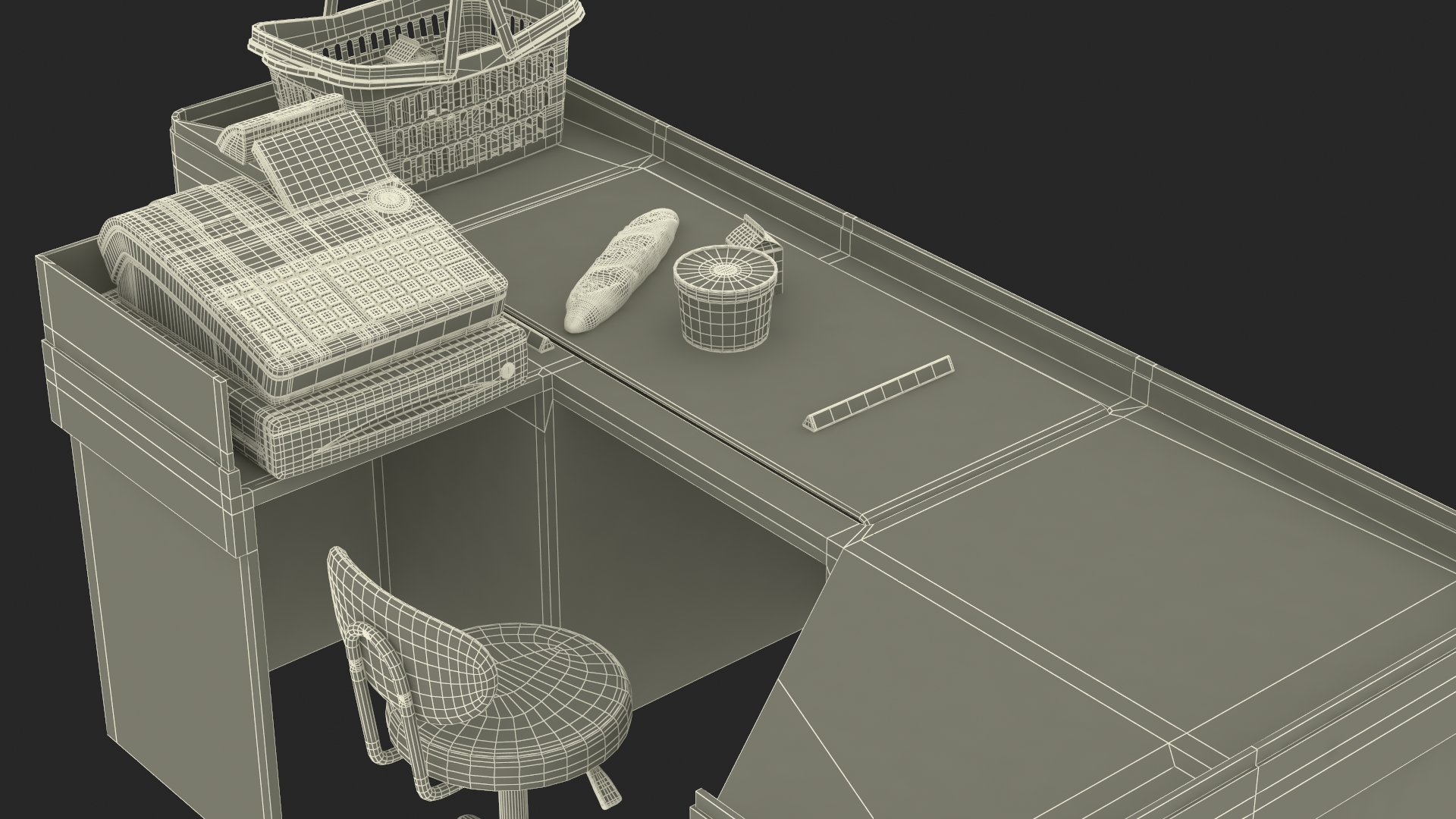 3D Retail Checkout with Groceries and Divider Bar