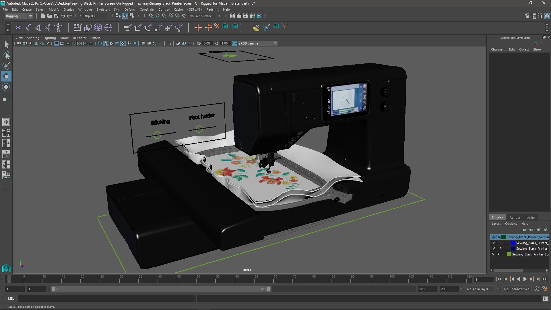 3D Sewing Black Printer Screen On Rigged for Maya