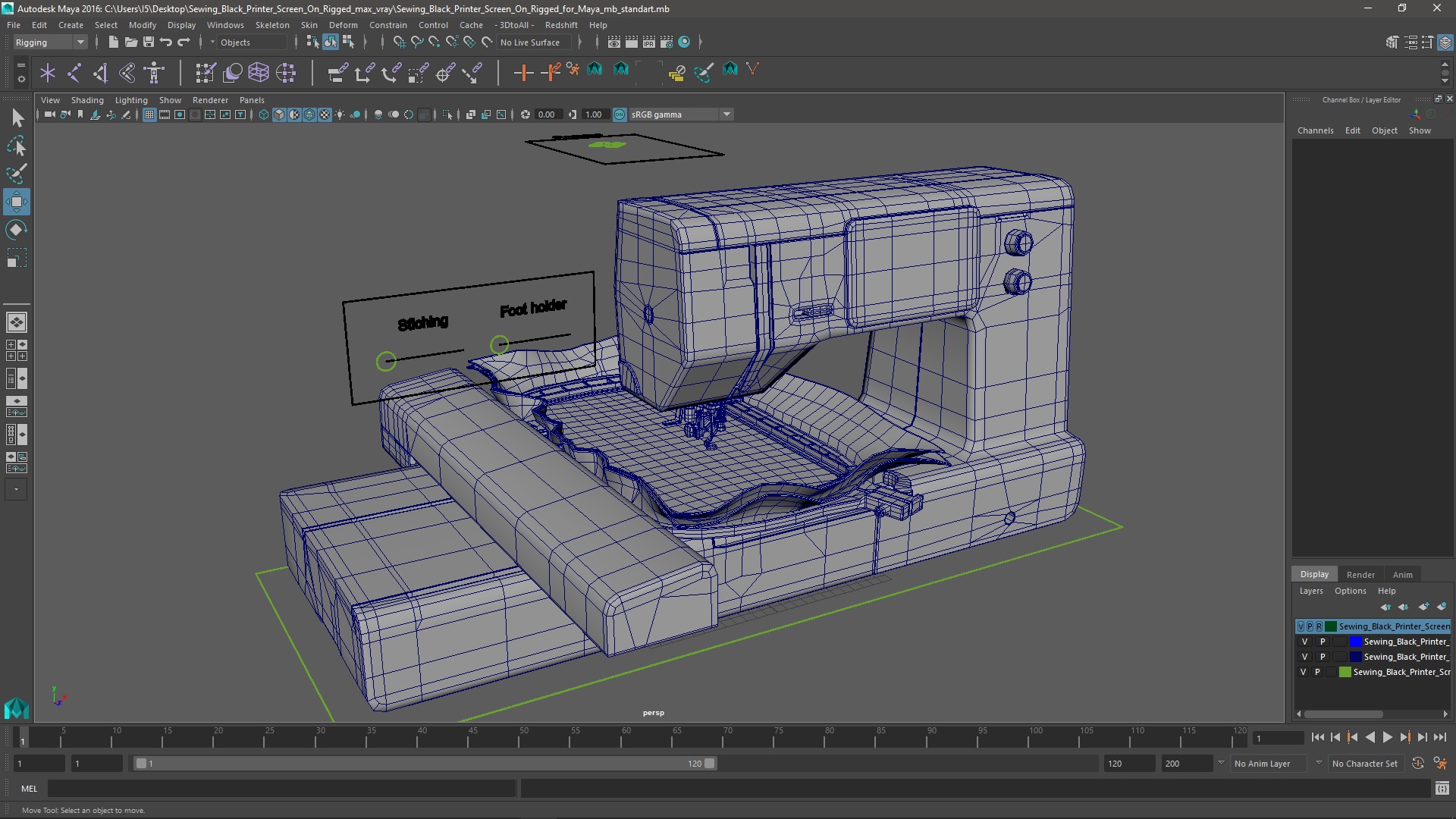 3D Sewing Black Printer Screen On Rigged for Maya