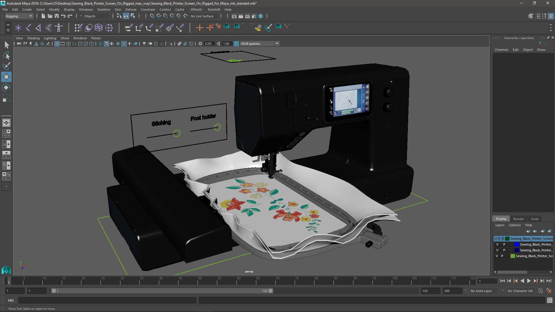 3D Sewing Black Printer Screen On Rigged for Maya