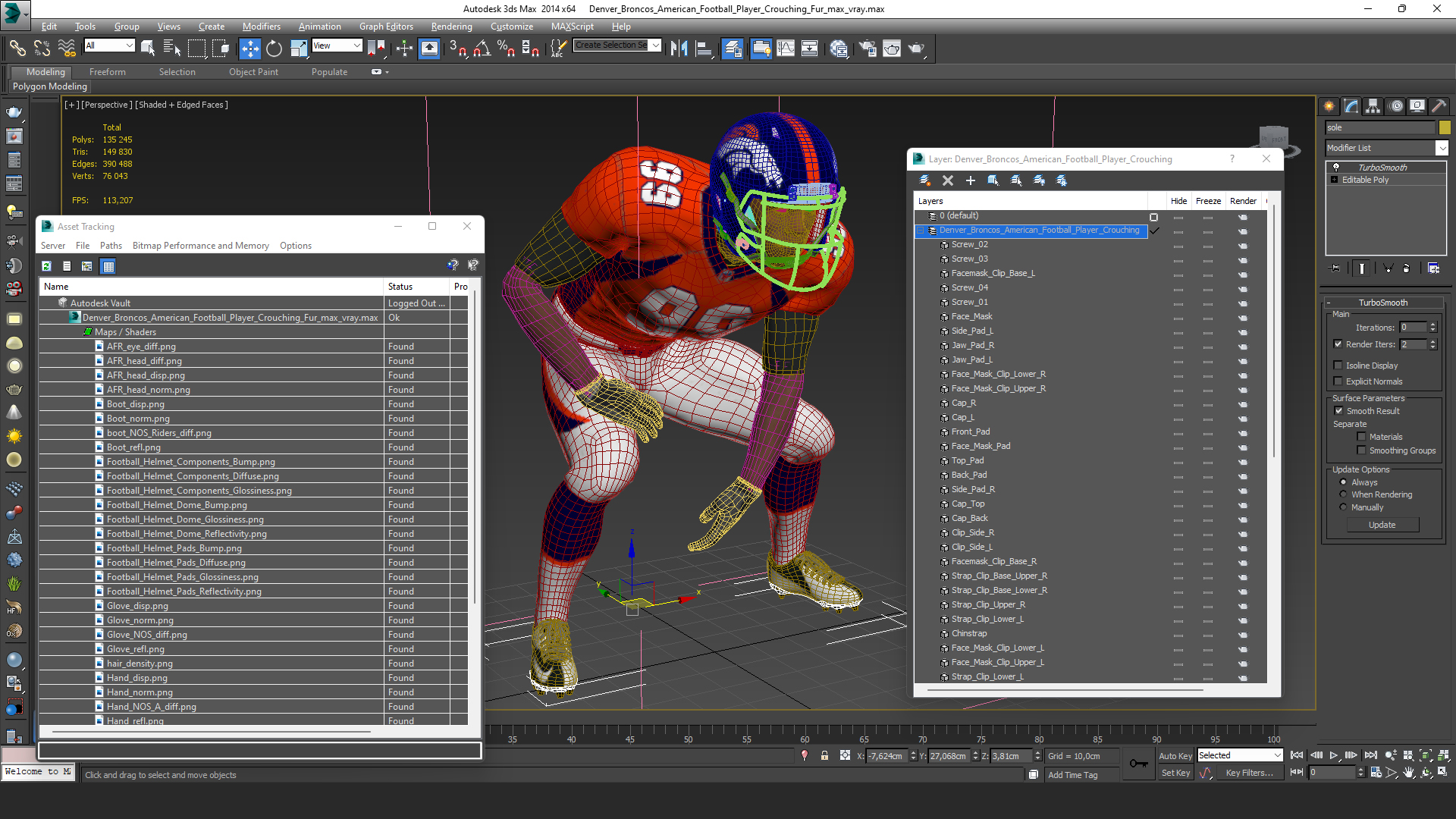 3D Denver Broncos American Football Player Crouching Fur model