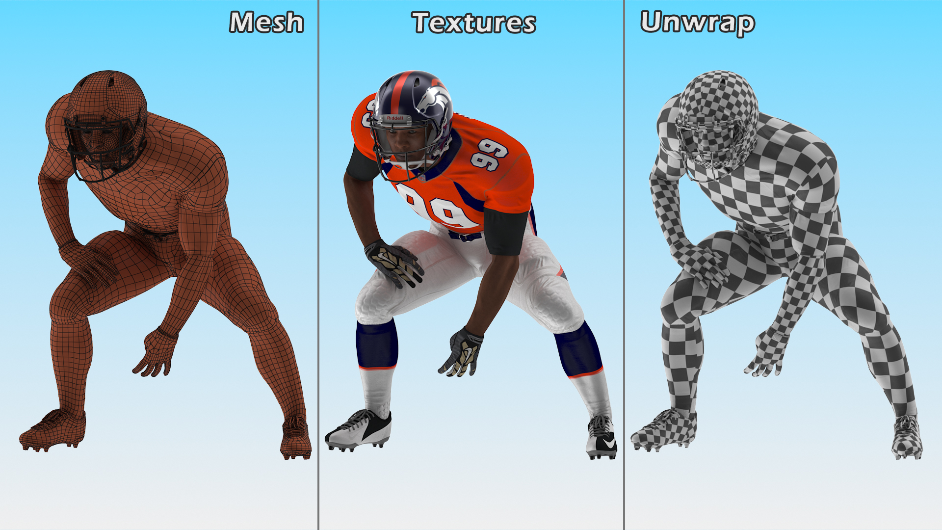 3D Denver Broncos American Football Player Crouching Fur model