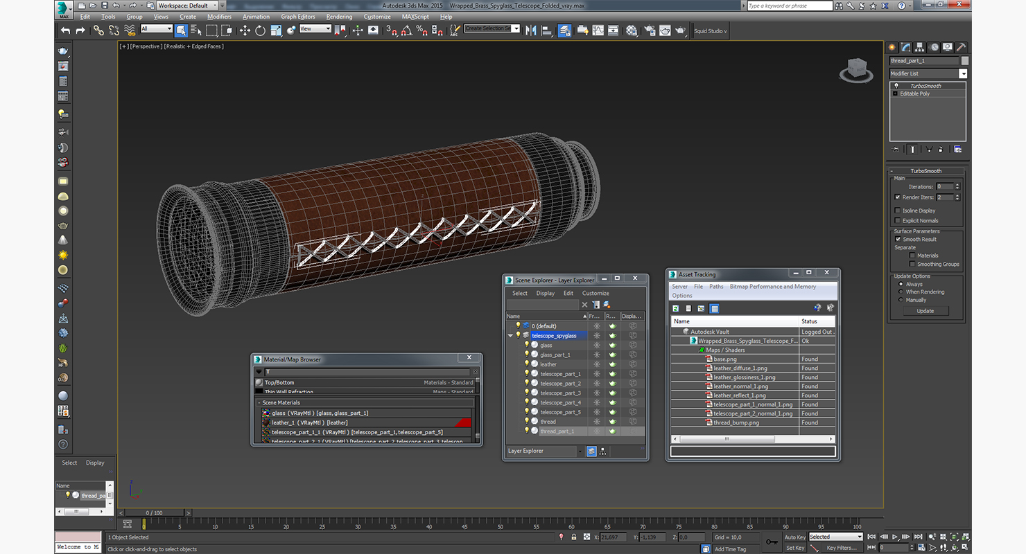 Wrapped Brass Spyglass Telescope Folded 3D model