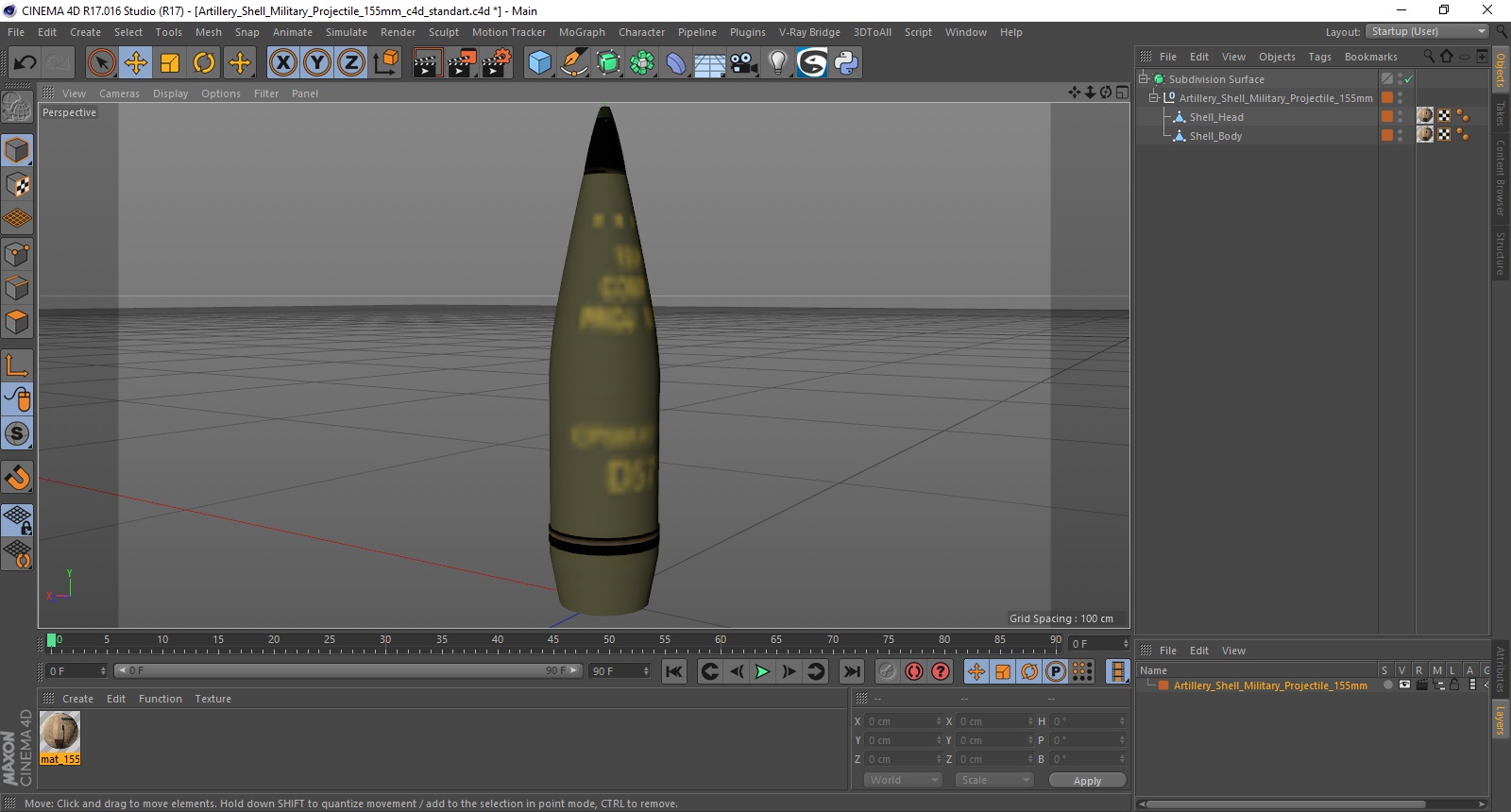 3D Artillery Shell Military Projectile 155mm