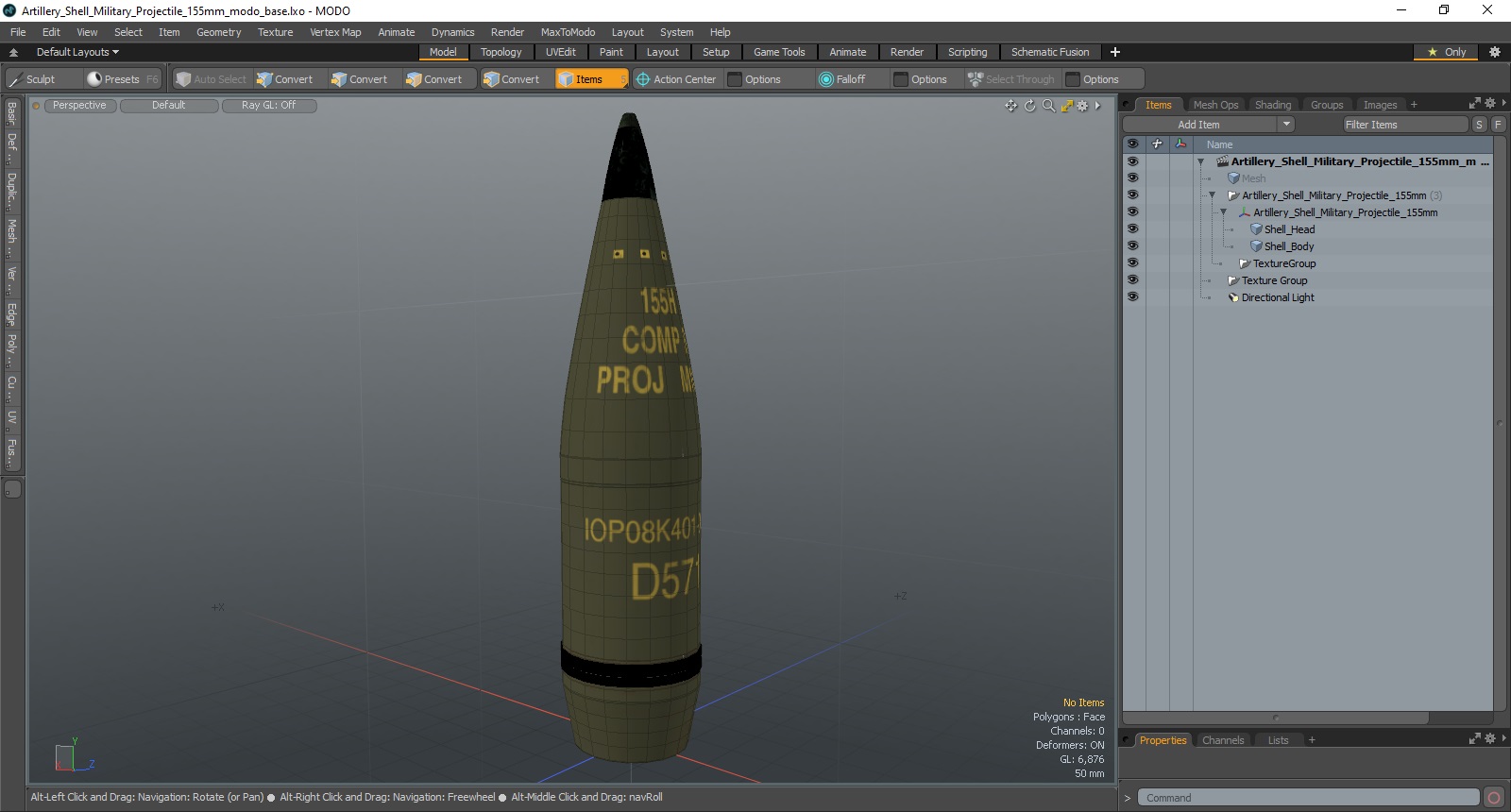 3D Artillery Shell Military Projectile 155mm