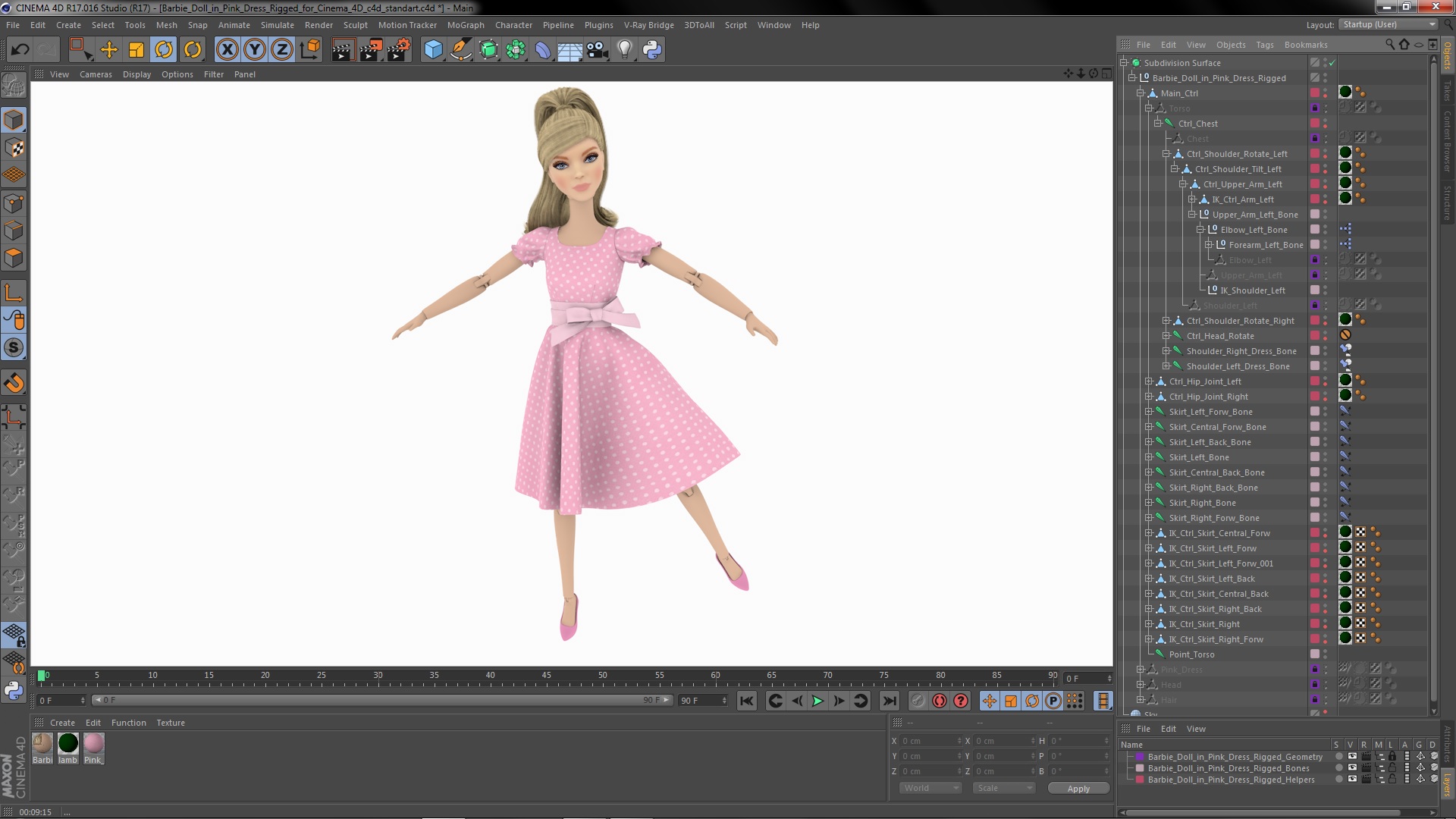 3D Barbie Doll in Pink Dress Rigged for Cinema 4D