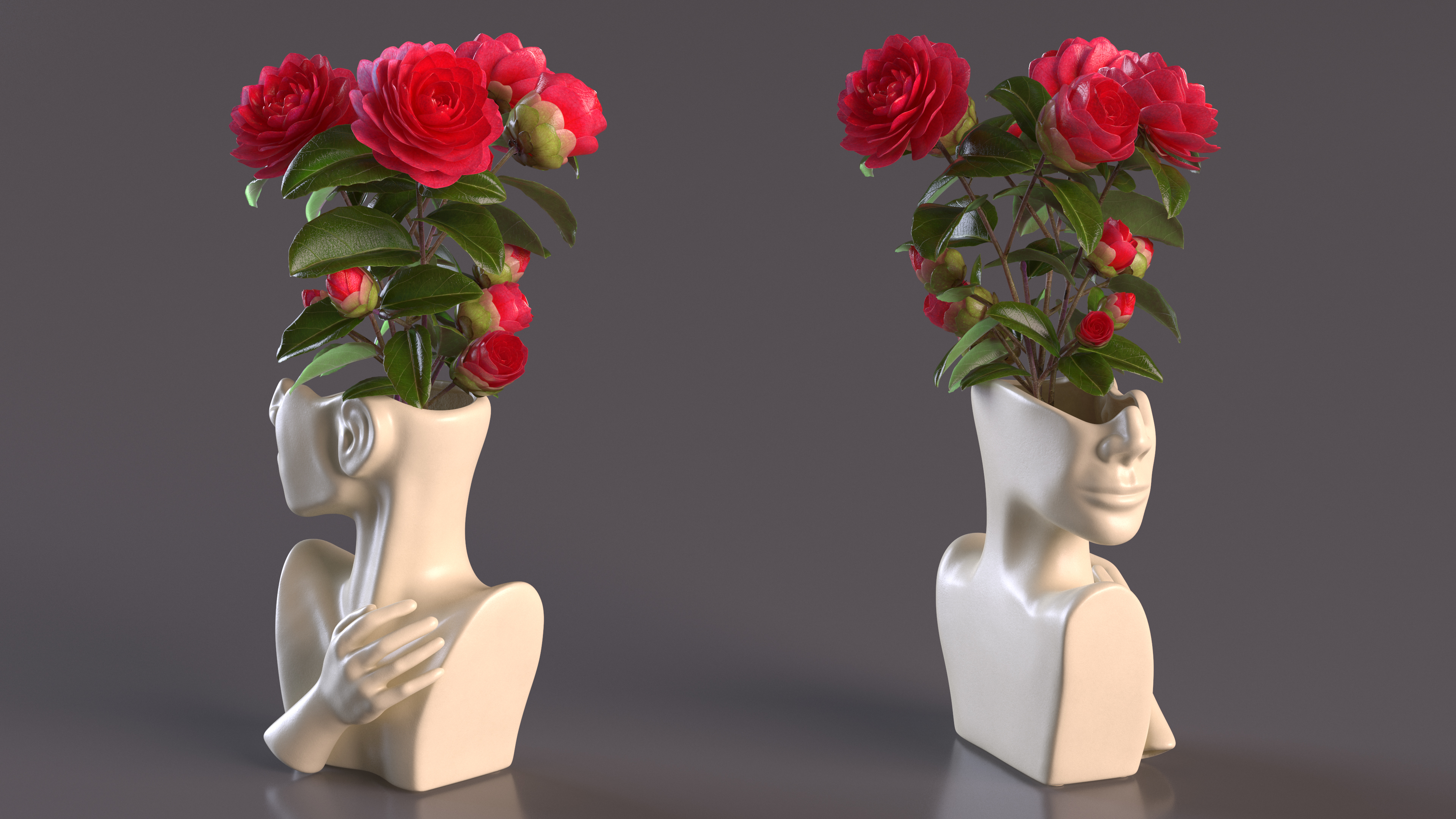 Designer Bust Vase Beige with Flowers 3D