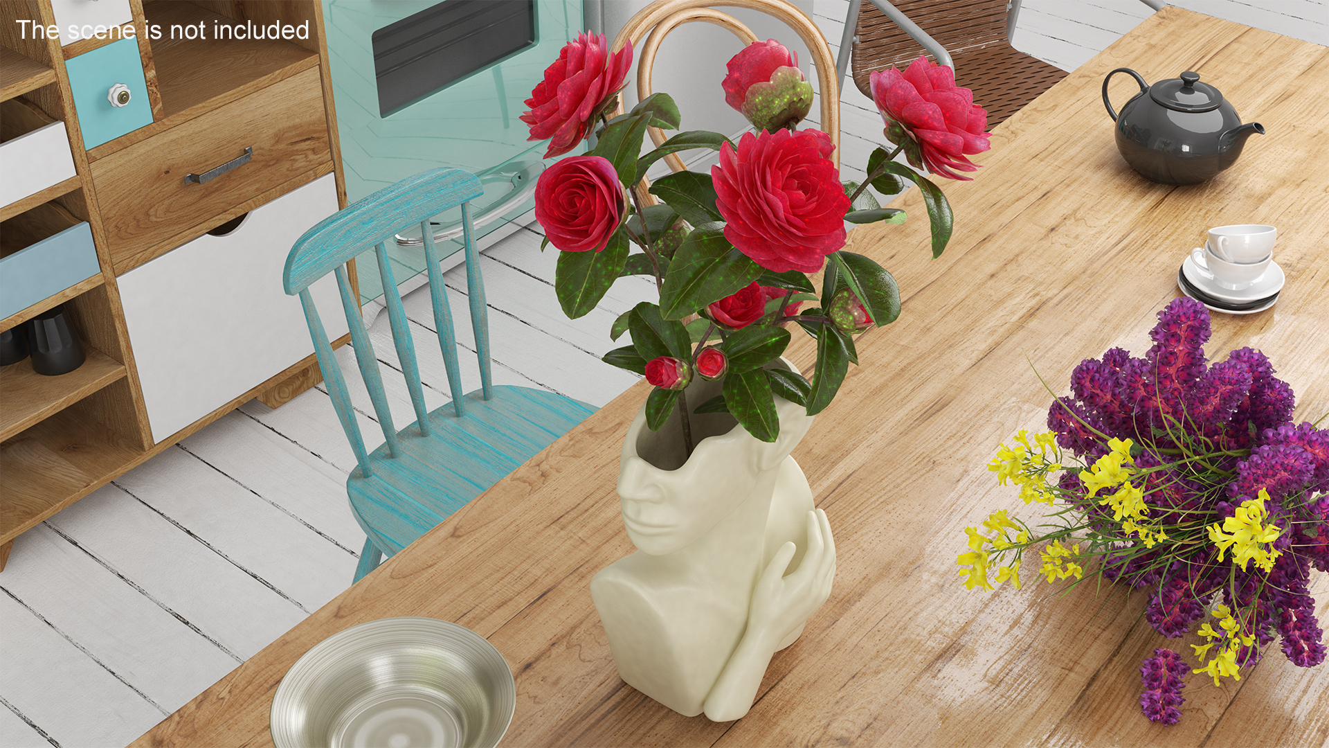 Designer Bust Vase Beige with Flowers 3D
