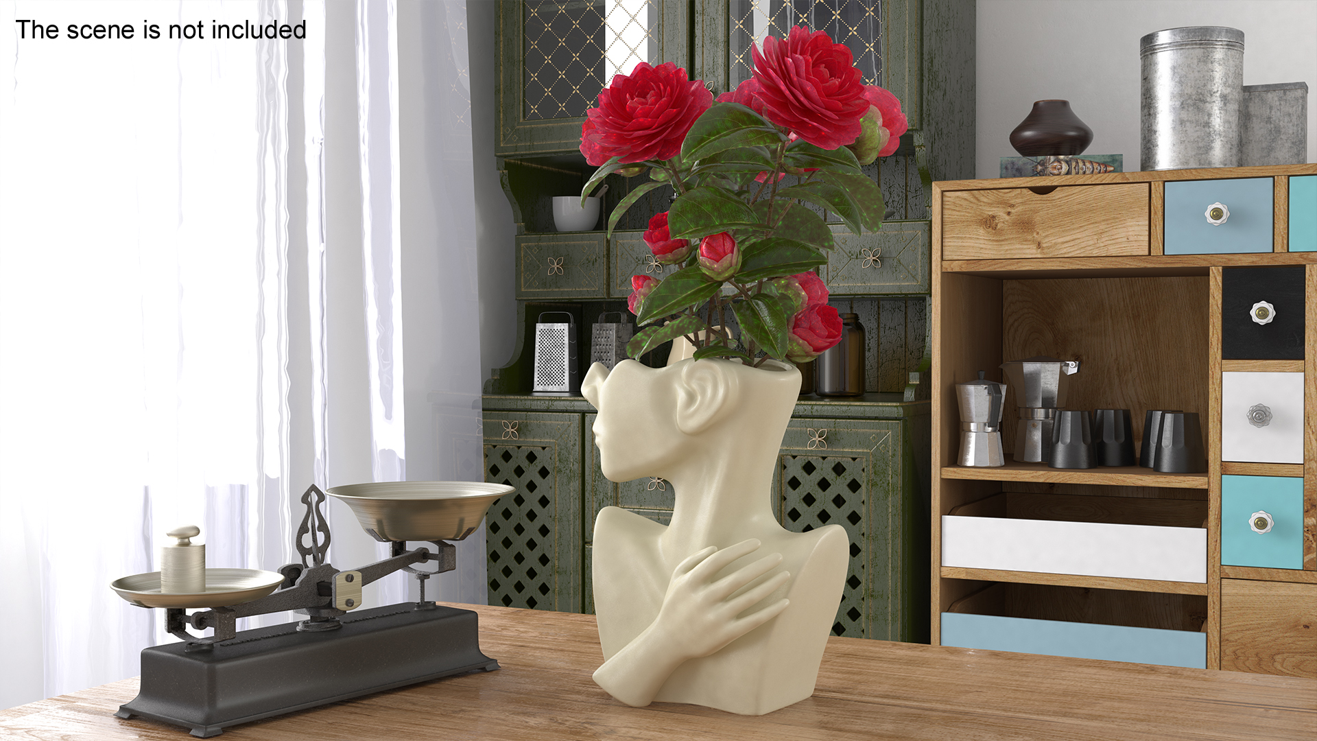 Designer Bust Vase Beige with Flowers 3D