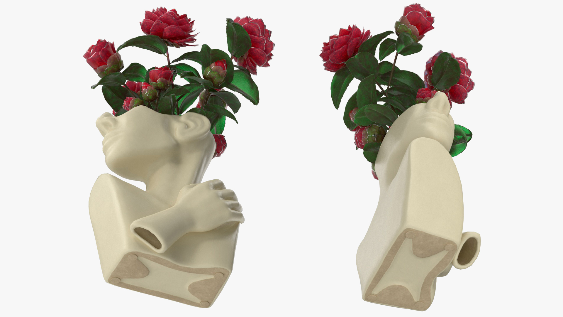 Designer Bust Vase Beige with Flowers 3D