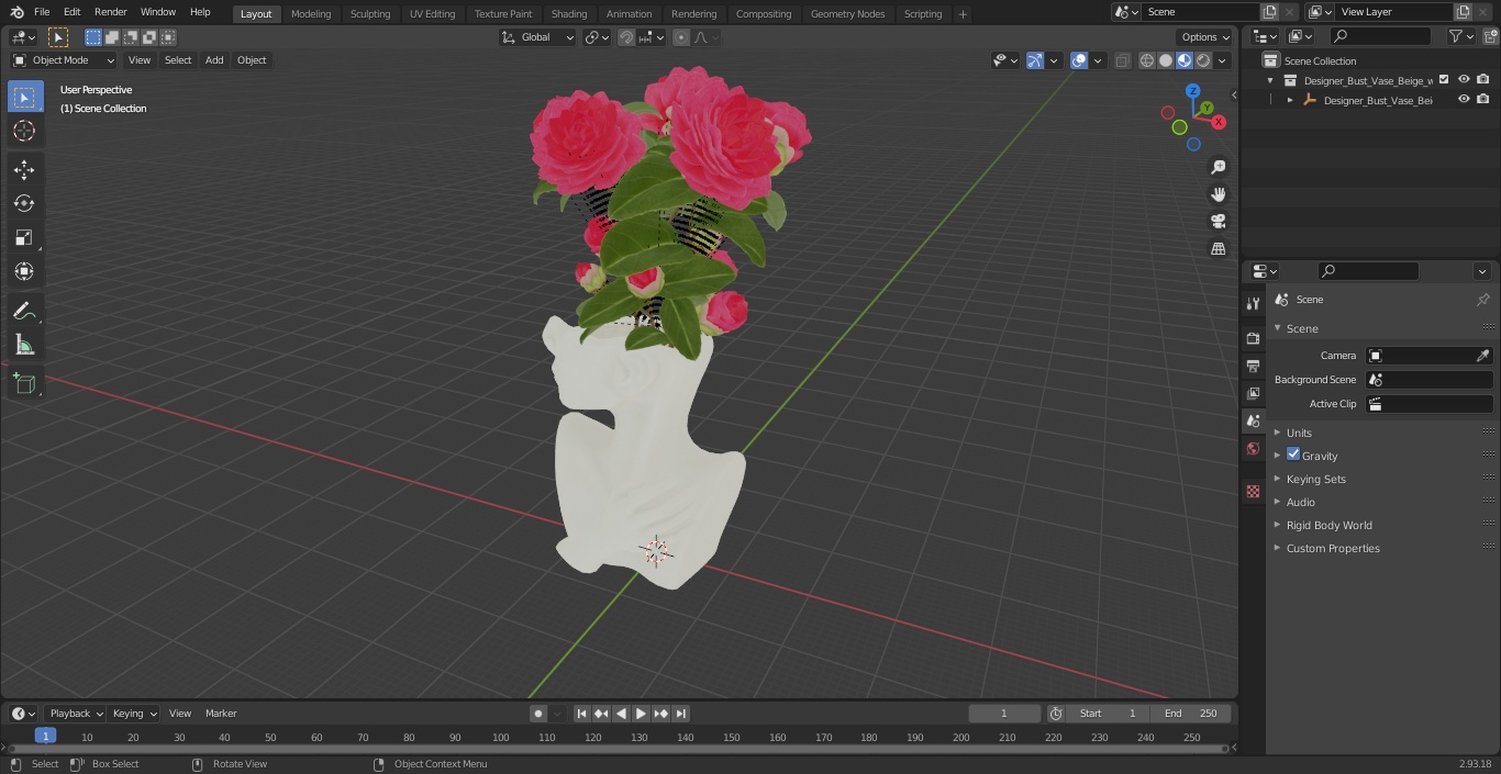 Designer Bust Vase Beige with Flowers 3D