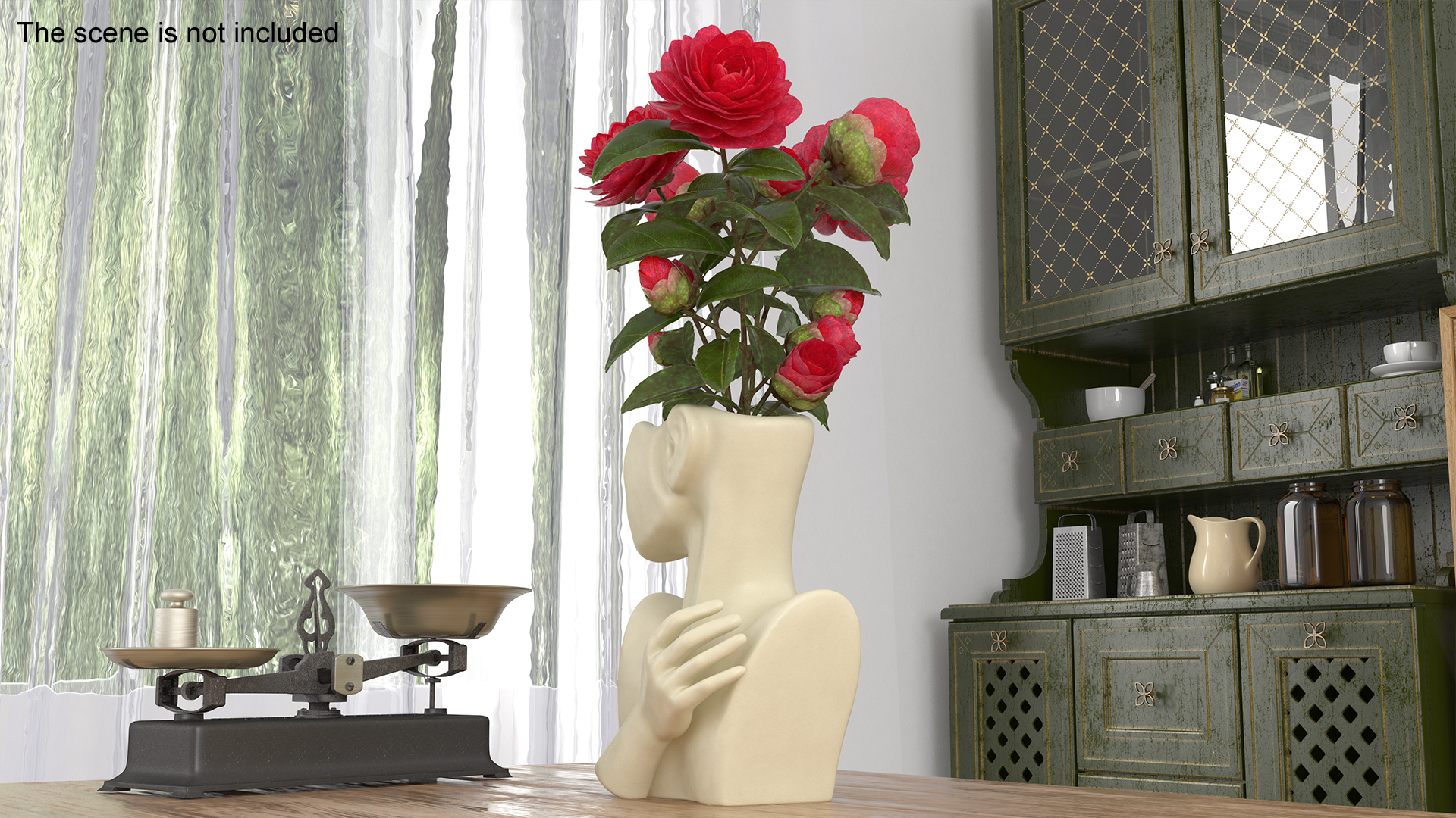 Designer Bust Vase Beige with Flowers 3D