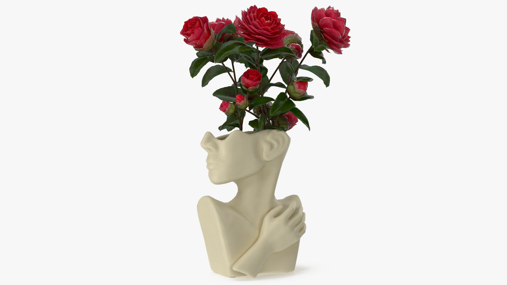 Designer Bust Vase Beige with Flowers 3D