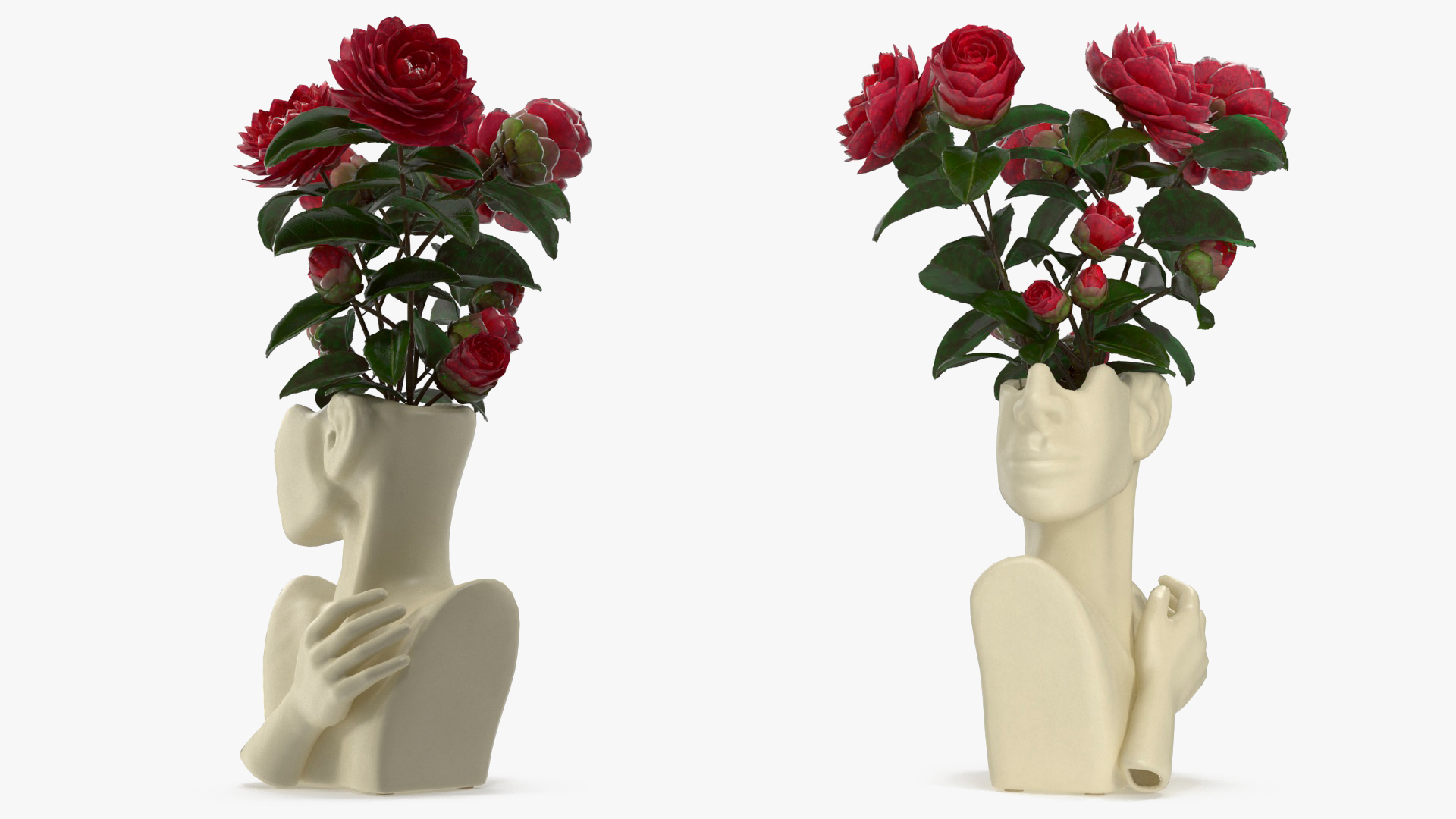 Designer Bust Vase Beige with Flowers 3D