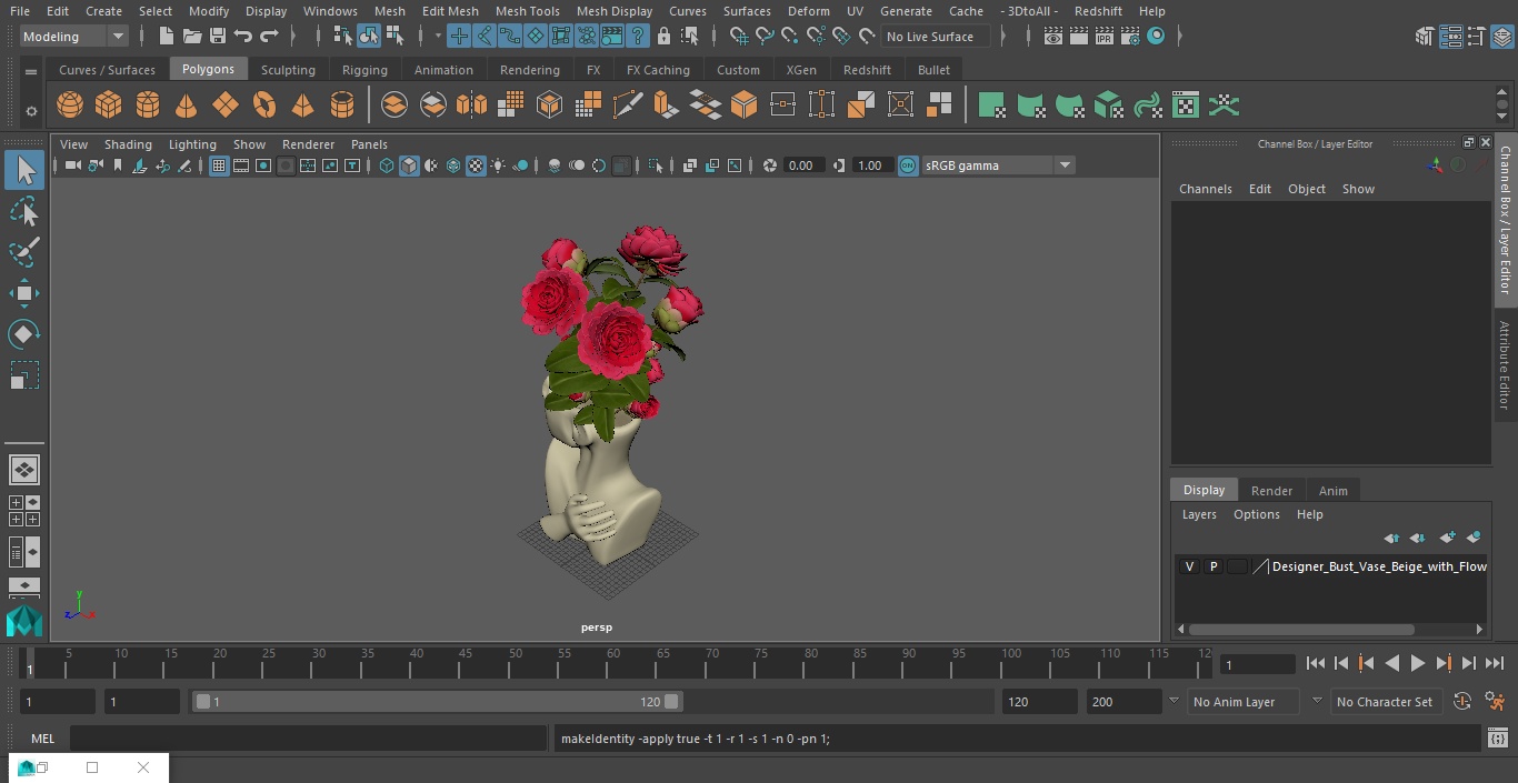 Designer Bust Vase Beige with Flowers 3D