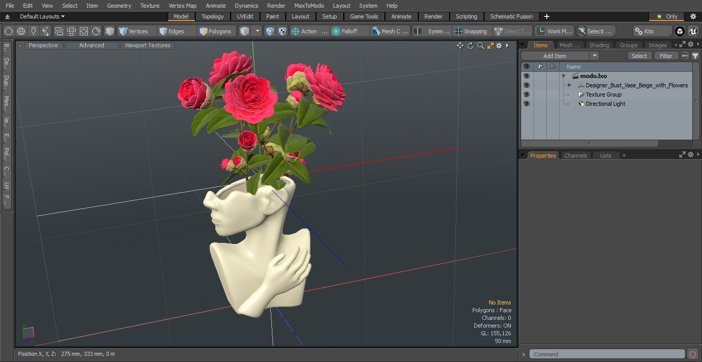 Designer Bust Vase Beige with Flowers 3D