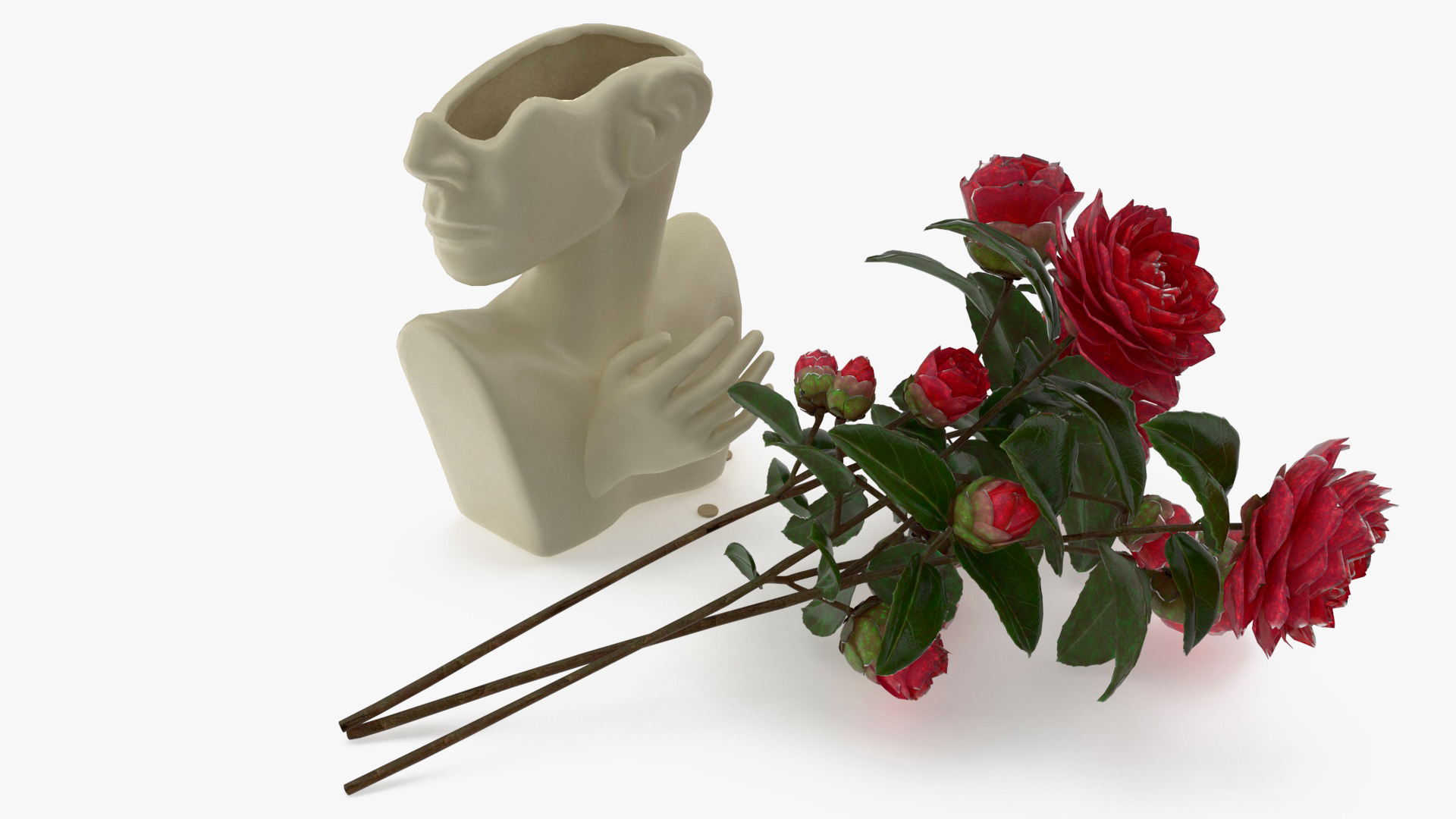 Designer Bust Vase Beige with Flowers 3D