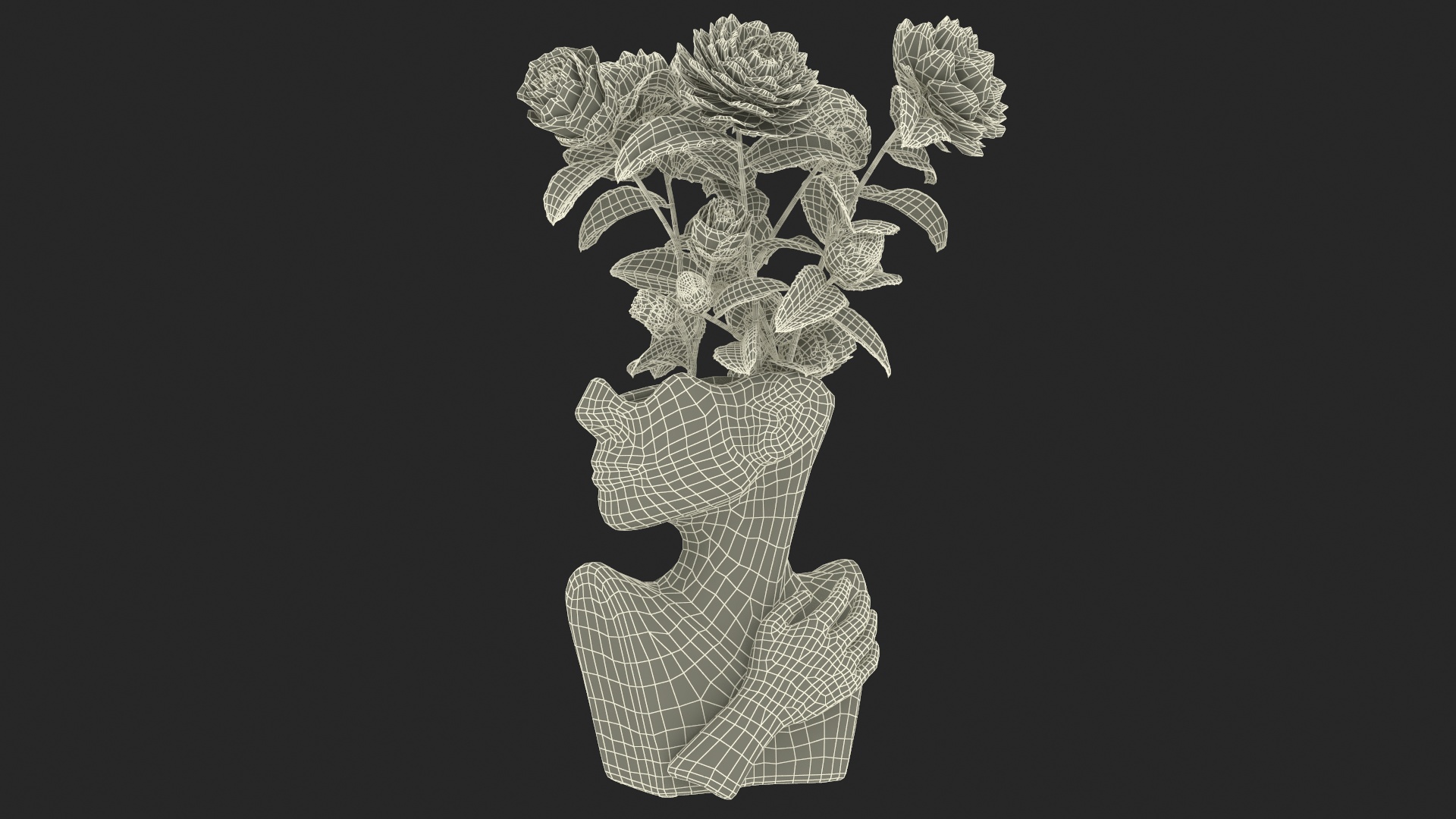Designer Bust Vase Beige with Flowers 3D
