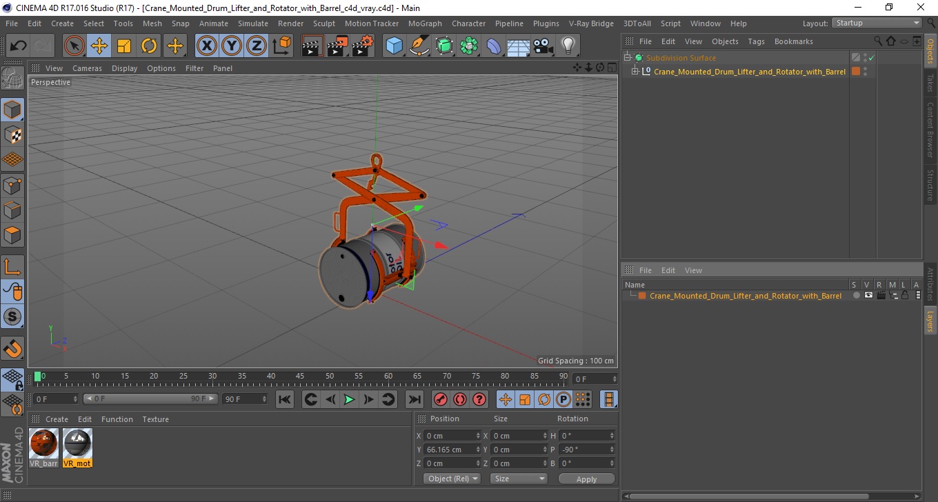 Crane Mounted Drum Lifter and Rotator with Barrel 3D model