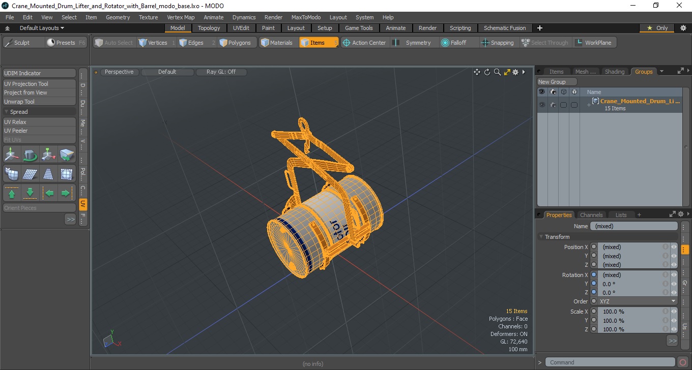 Crane Mounted Drum Lifter and Rotator with Barrel 3D model