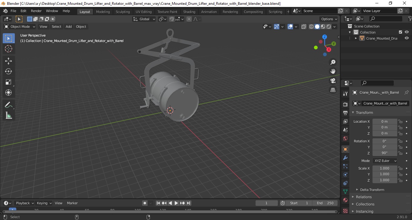 Crane Mounted Drum Lifter and Rotator with Barrel 3D model