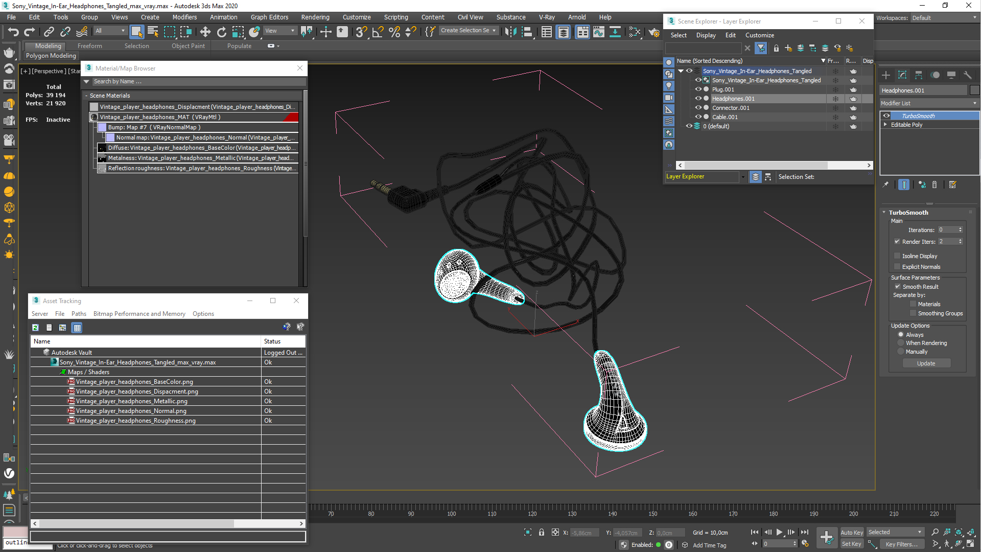 3D Sony Vintage In-Ear Headphones Tangled model