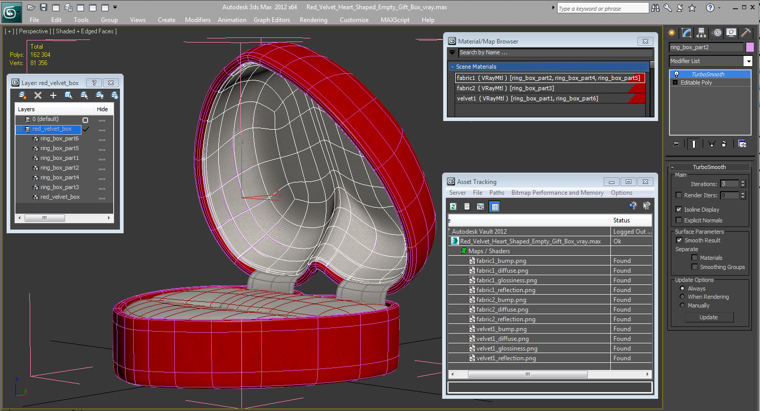3D Red Velvet Heart Shaped Empty Gift Box model