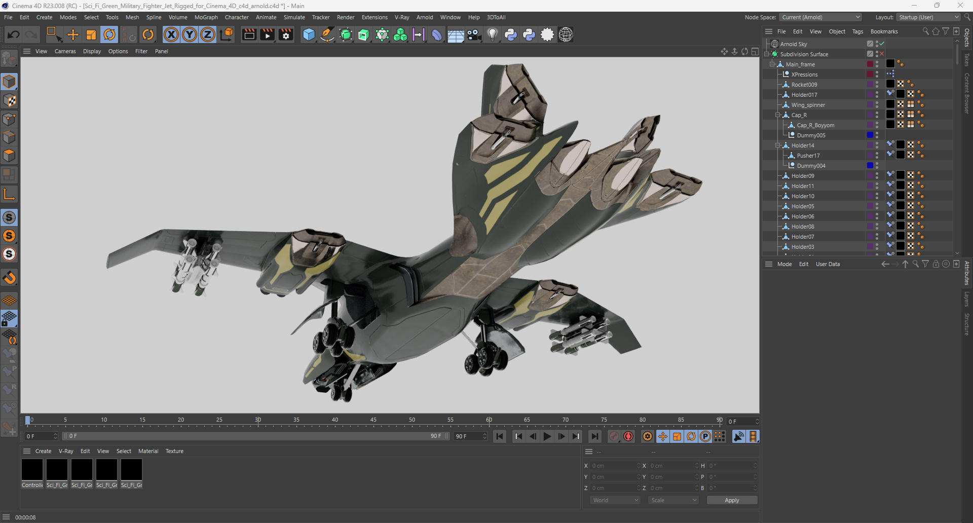 Sci Fi Green Military Fighter Jet Rigged for Cinema 4D 3D model