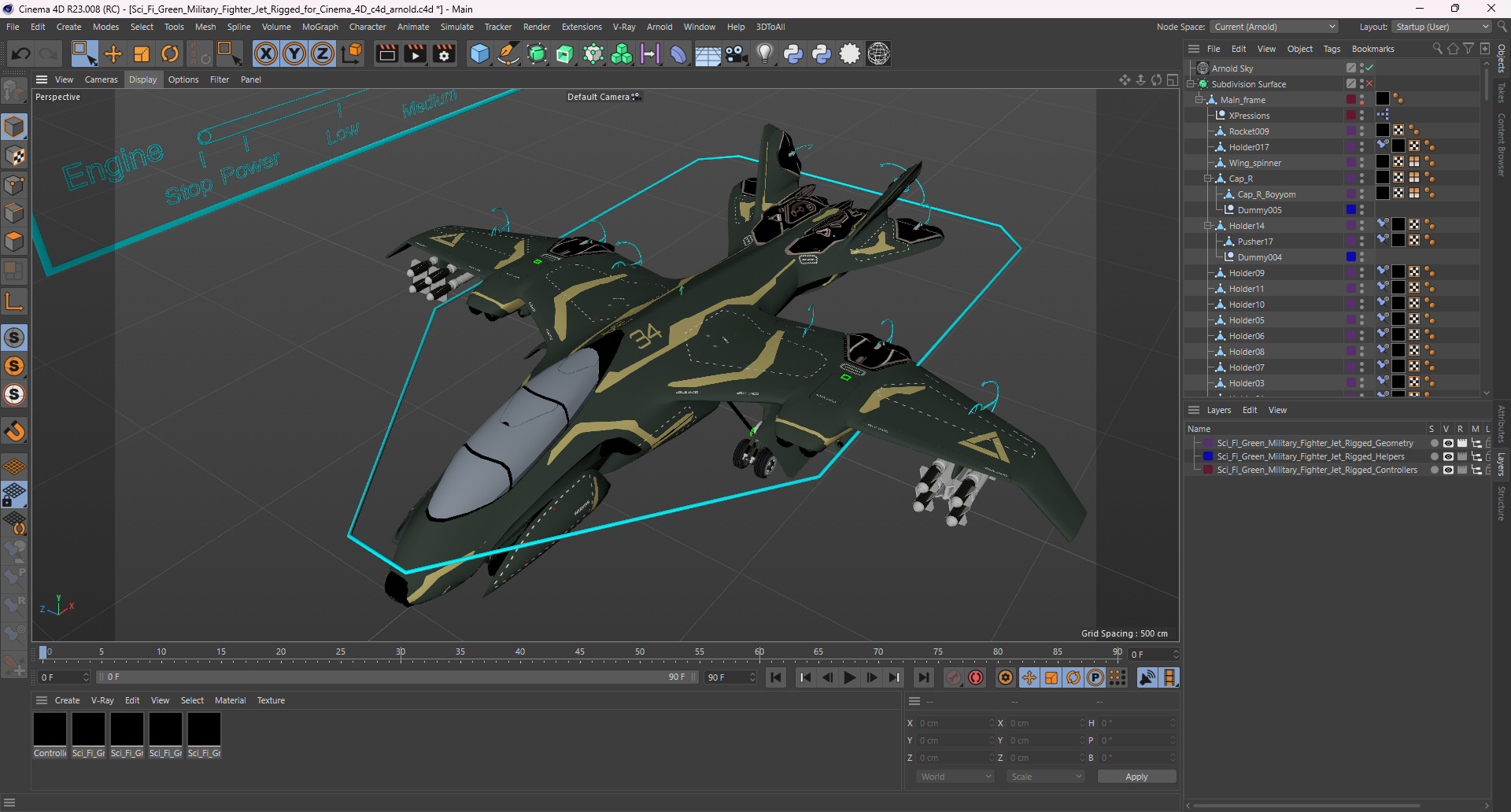 Sci Fi Green Military Fighter Jet Rigged for Cinema 4D 3D model