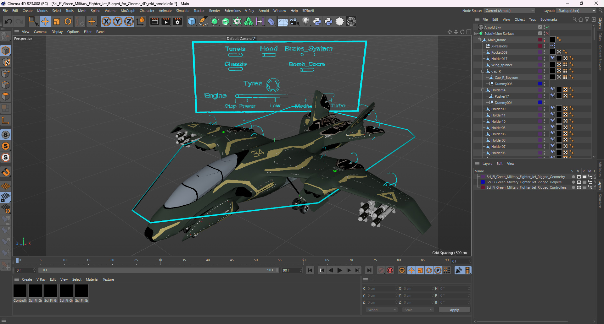 Sci Fi Green Military Fighter Jet Rigged for Cinema 4D 3D model
