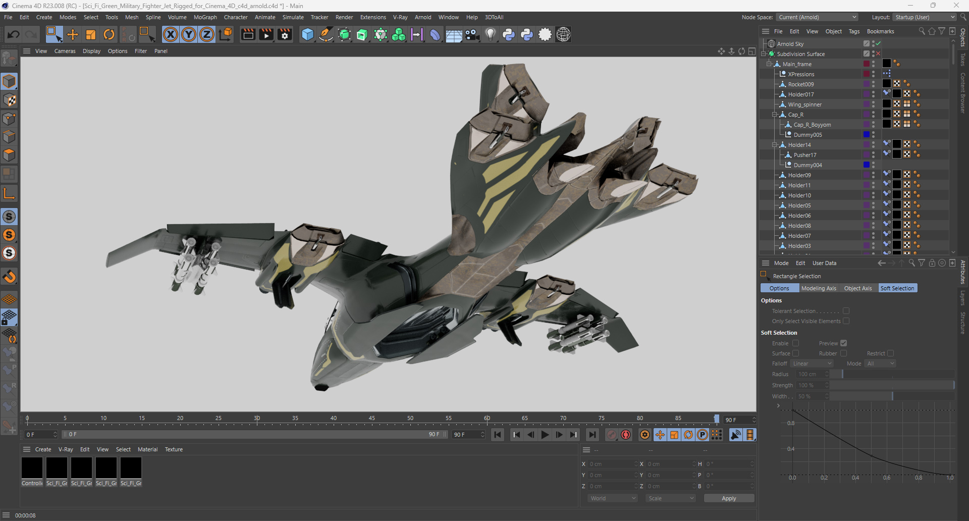 Sci Fi Green Military Fighter Jet Rigged for Cinema 4D 3D model