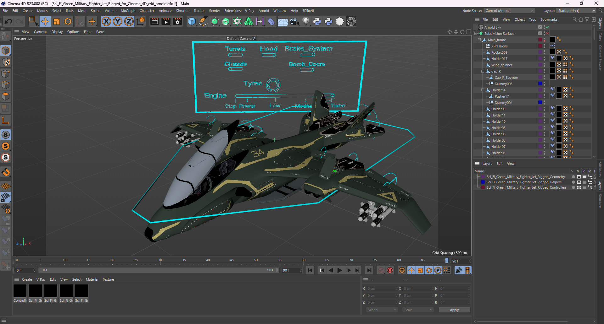 Sci Fi Green Military Fighter Jet Rigged for Cinema 4D 3D model