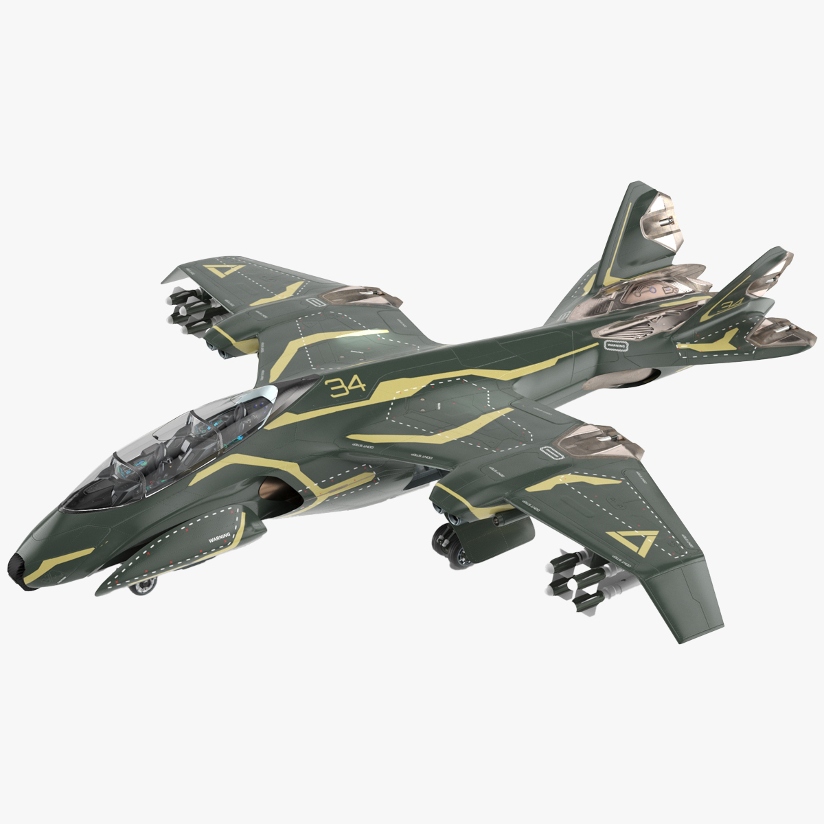 Sci Fi Green Military Fighter Jet Rigged for Cinema 4D 3D model