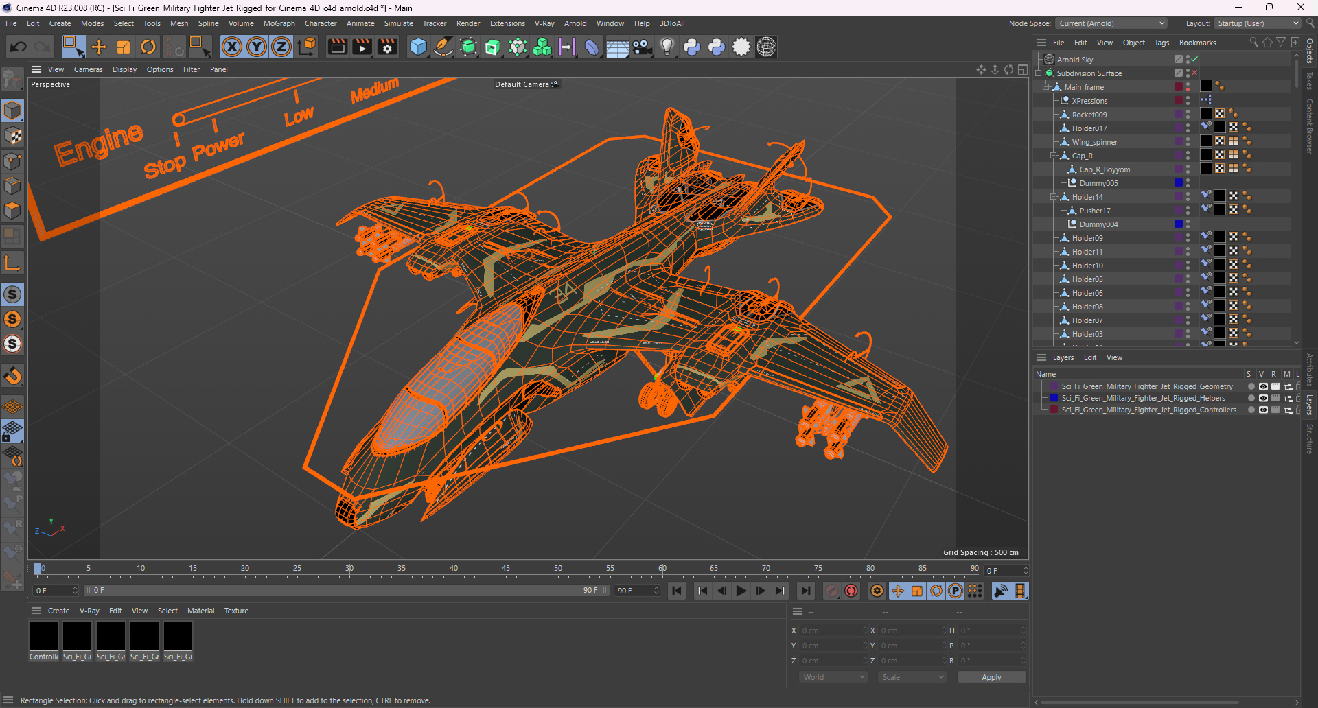 Sci Fi Green Military Fighter Jet Rigged for Cinema 4D 3D model
