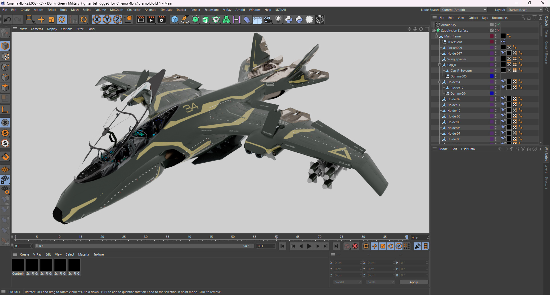 Sci Fi Green Military Fighter Jet Rigged for Cinema 4D 3D model