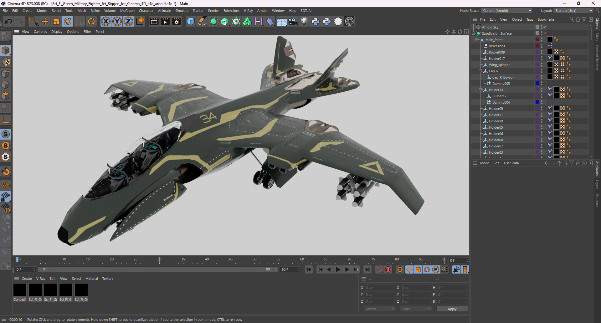 Sci Fi Green Military Fighter Jet Rigged for Cinema 4D 3D model