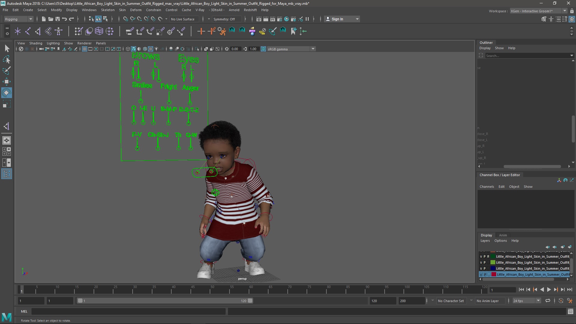 Little African Boy Light Skin in Summer Outfit Rigged for Maya 3D