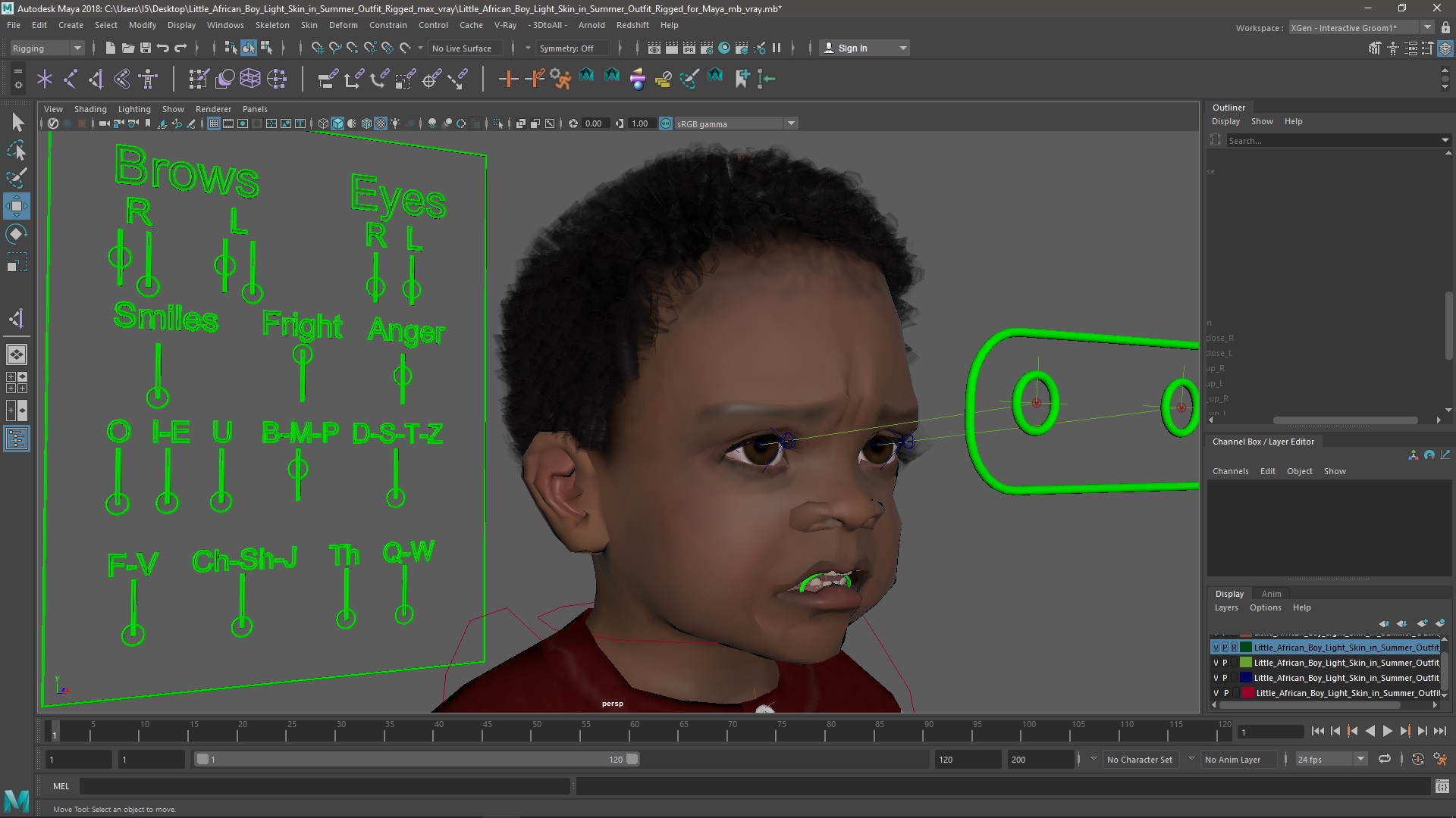 Little African Boy Light Skin in Summer Outfit Rigged for Maya 3D