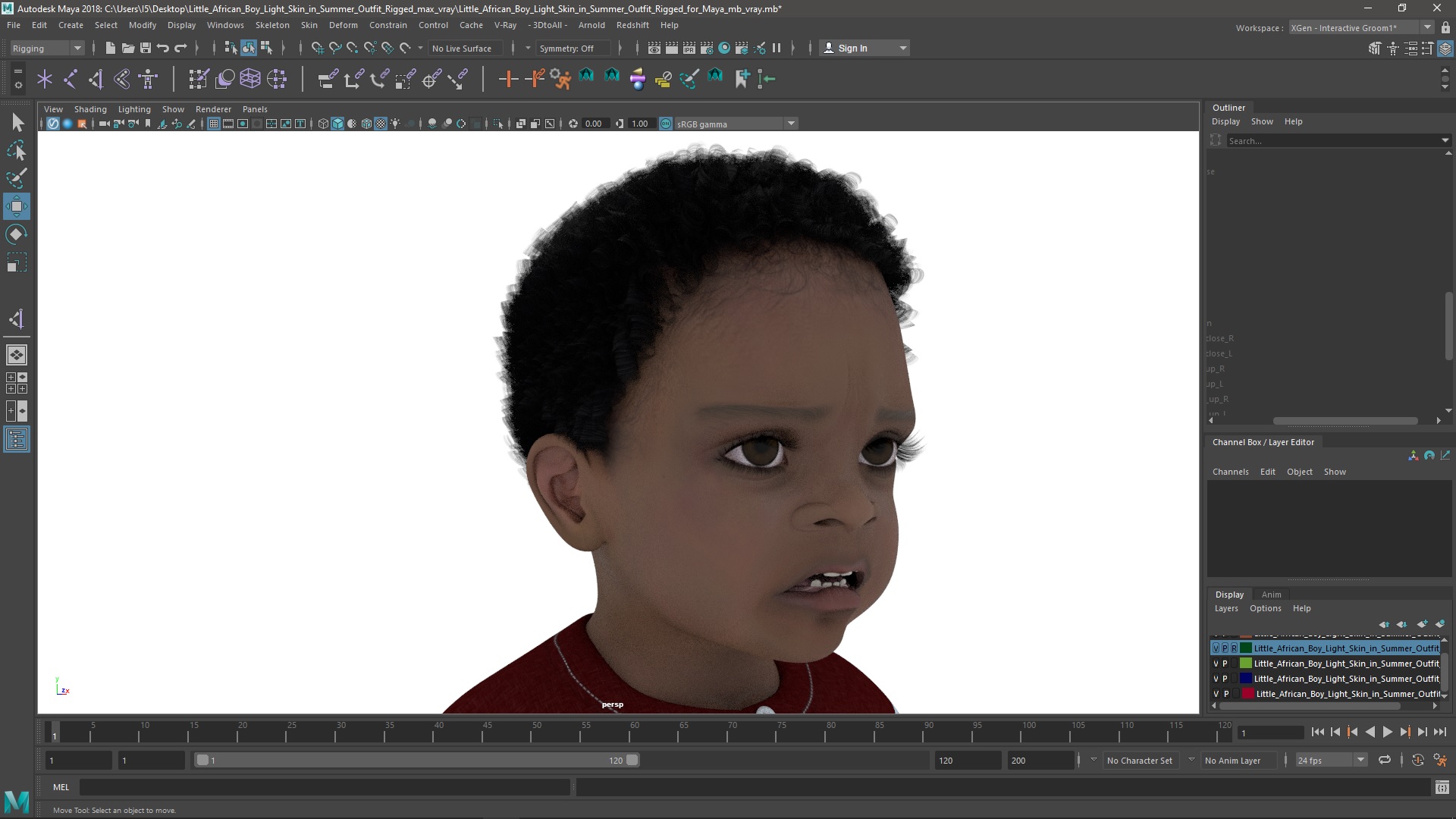 Little African Boy Light Skin in Summer Outfit Rigged for Maya 3D