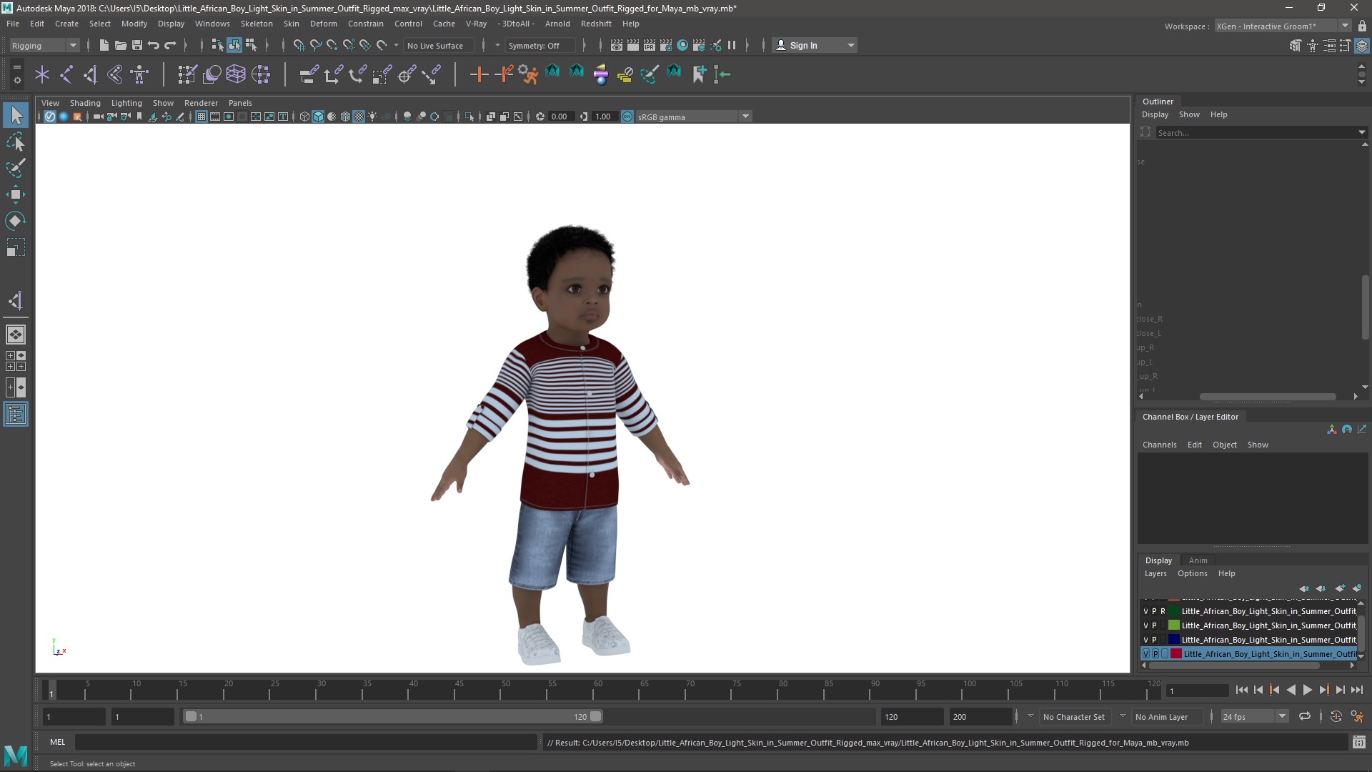Little African Boy Light Skin in Summer Outfit Rigged for Maya 3D
