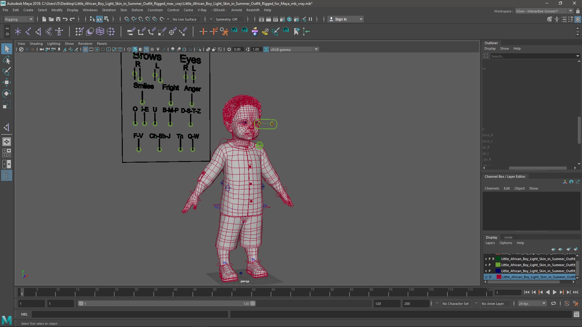 Little African Boy Light Skin in Summer Outfit Rigged for Maya 3D