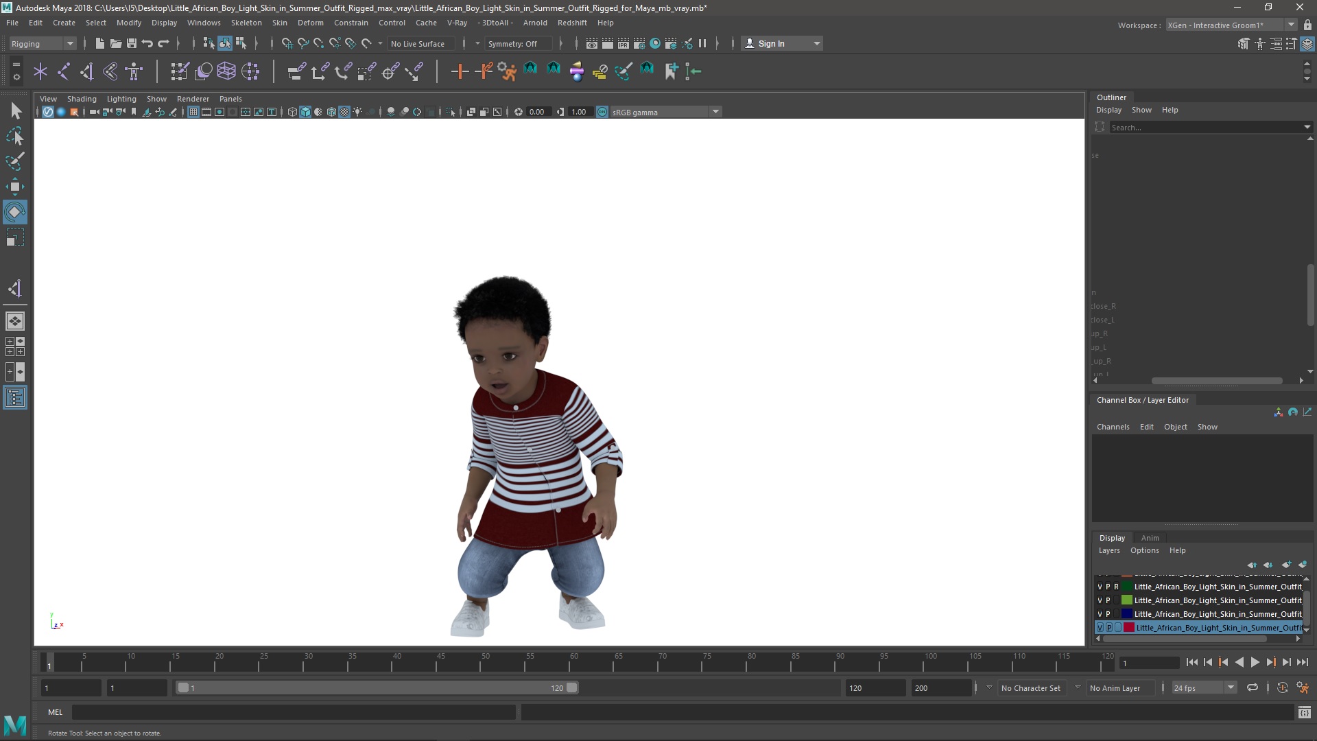 Little African Boy Light Skin in Summer Outfit Rigged for Maya 3D