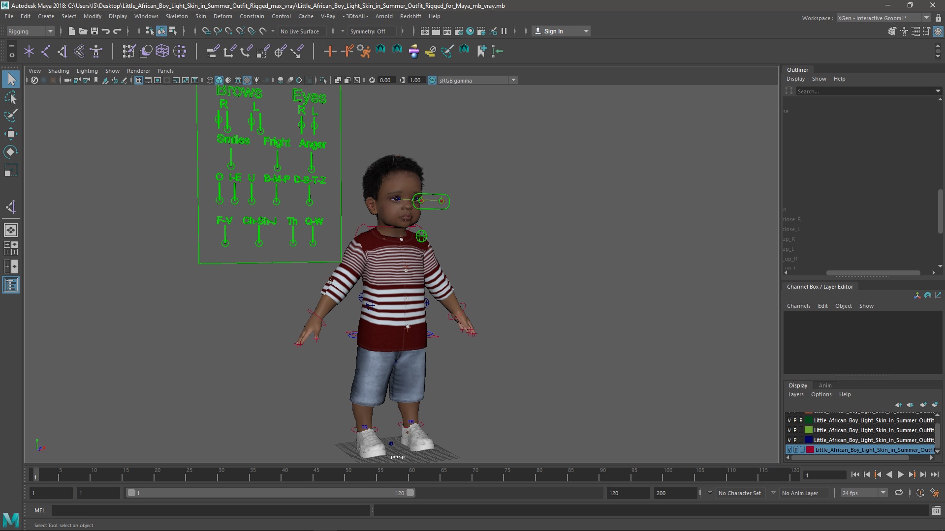 Little African Boy Light Skin in Summer Outfit Rigged for Maya 3D