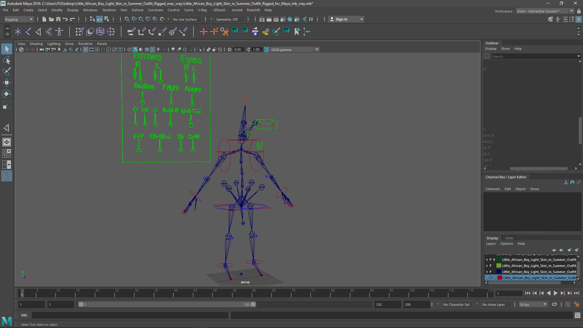 Little African Boy Light Skin in Summer Outfit Rigged for Maya 3D