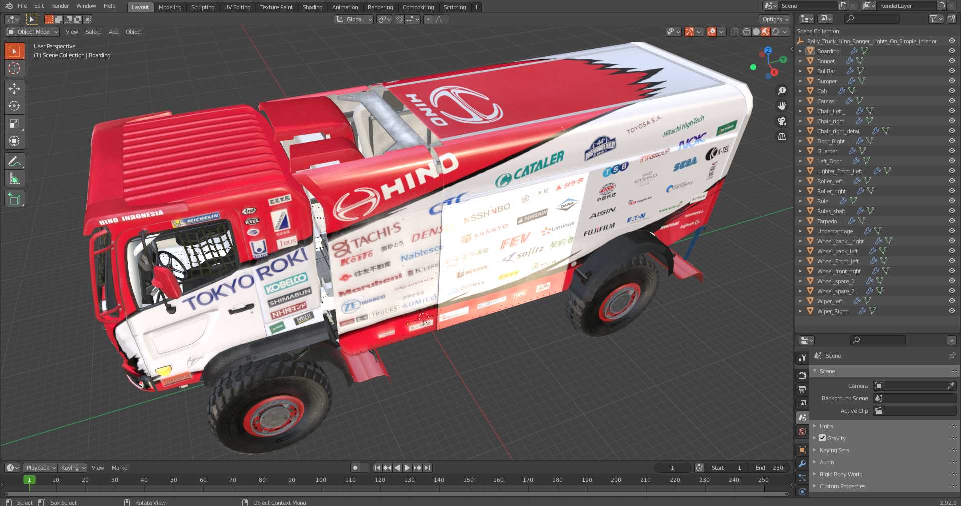 Rally Truck Hino Ranger Lights On Simple Interior 3D model