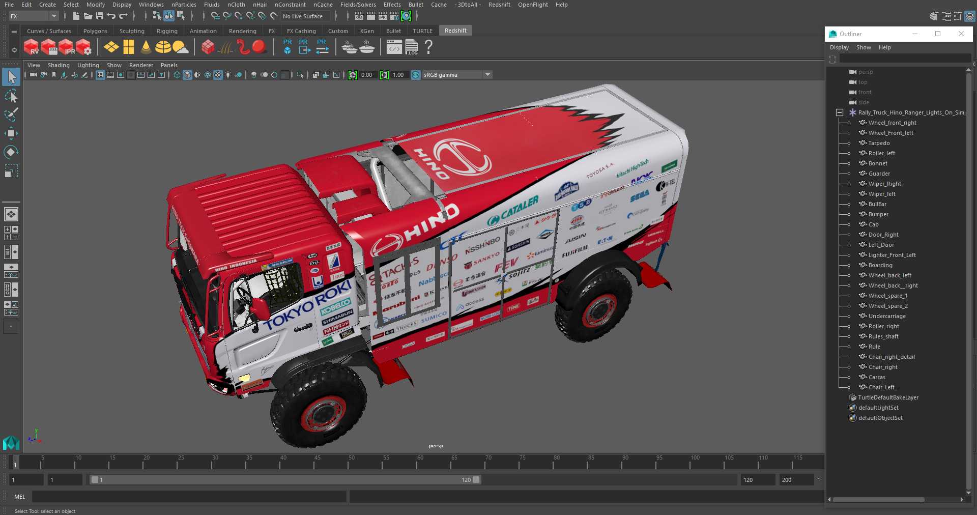 Rally Truck Hino Ranger Lights On Simple Interior 3D model